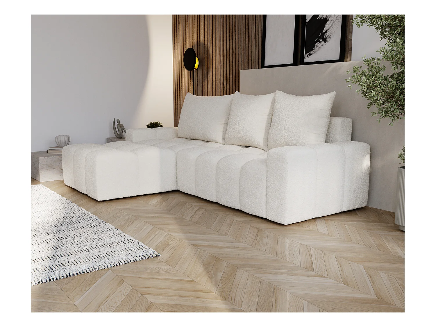 Emporius Wilson Hoekbank met slaapfunctie - slaapbank met bedlade, links, bouclé crème (Anthology 1)