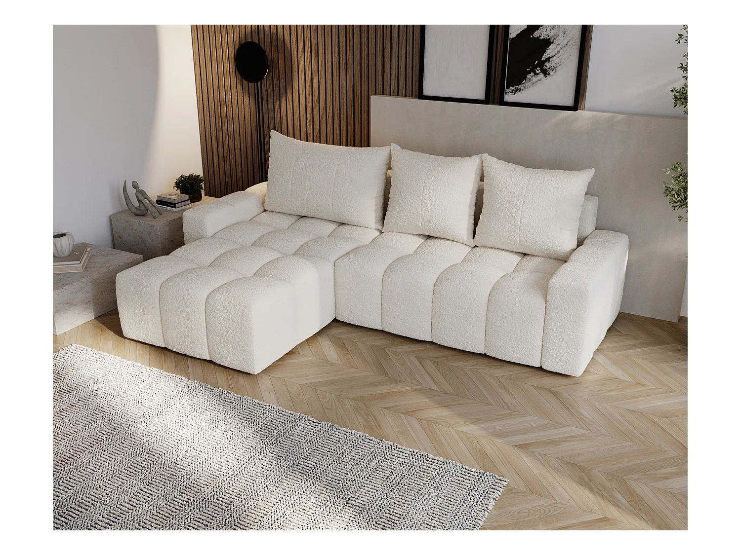Emporius Wilson Canapé d'angle - Tissu Bouclé, Canapé 255 cm Convertible, Gauche - Crème (Anthology 1)