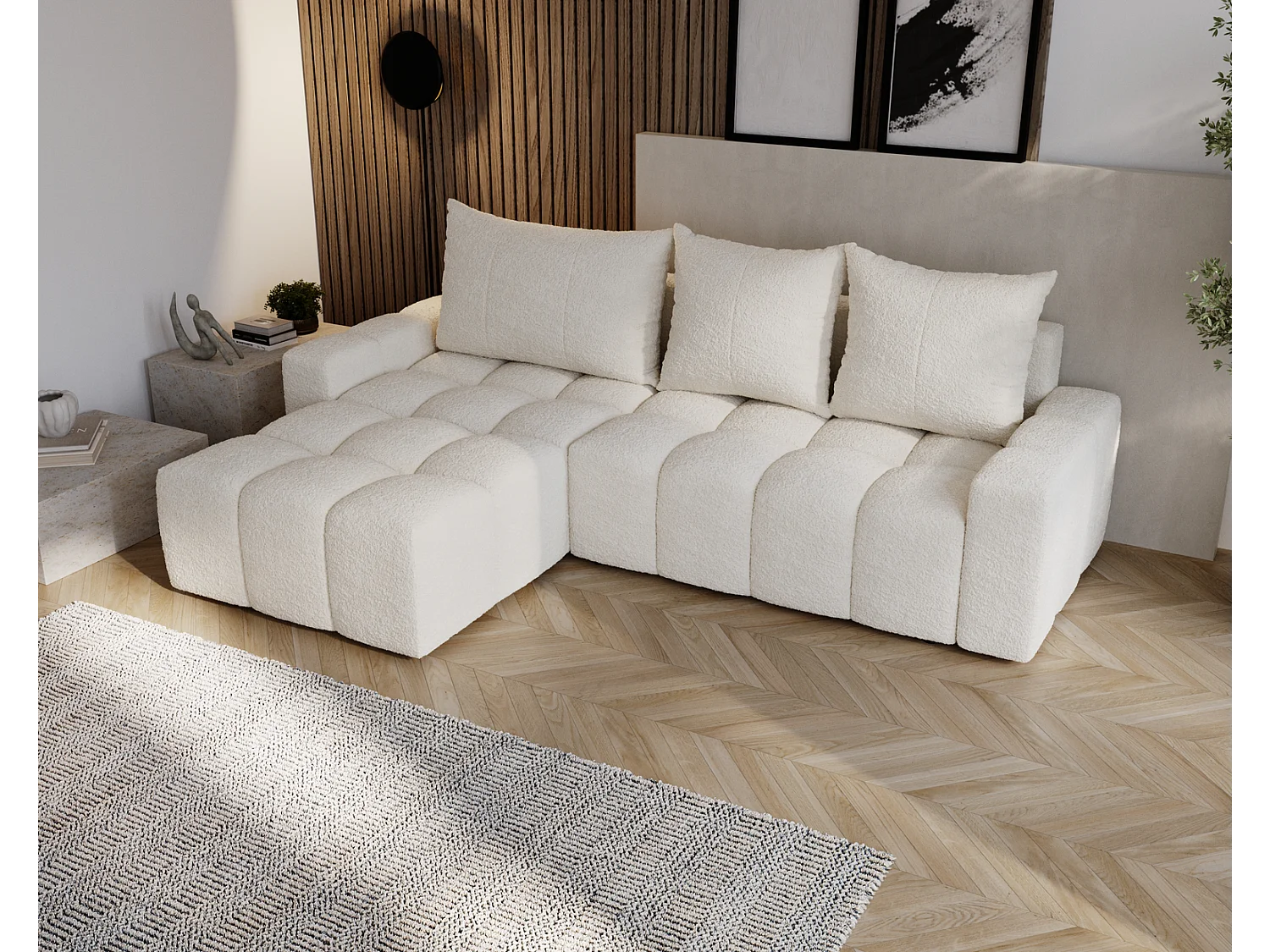 Emporius Wilson Hoekbank met slaapfunctie - slaapbank met bedlade, links, bouclé crème (Anthology 1)