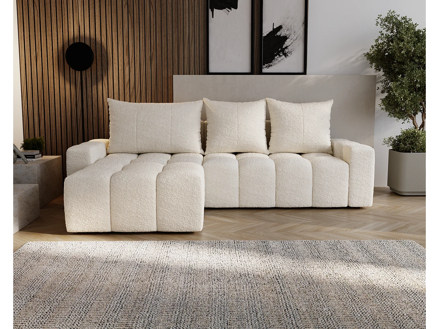 Emporius Wilson Hoekbank met slaapfunctie - slaapbank met bedlade, links, bouclé crème (Anthology 1)