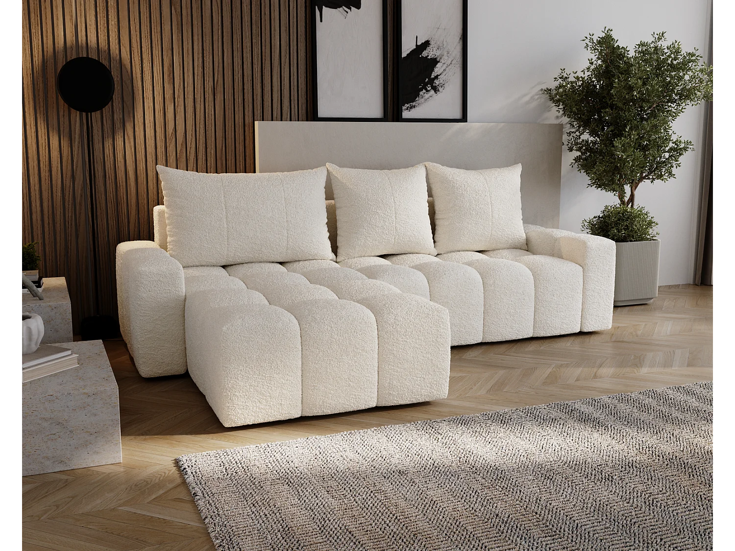 Emporius Wilson Hoekbank met slaapfunctie - slaapbank met bedlade, links, bouclé crème (Anthology 1)