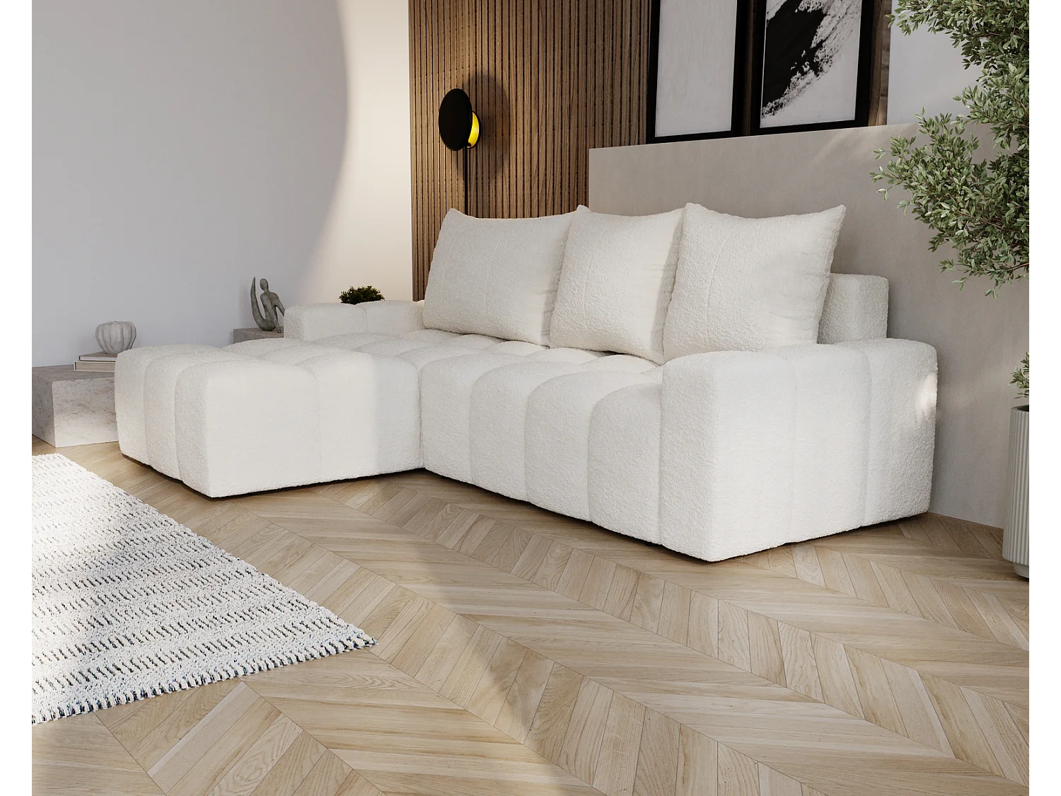 Emporius Wilson Hoekbank met slaapfunctie - slaapbank met bedlade, links, bouclé crème (Anthology 1)