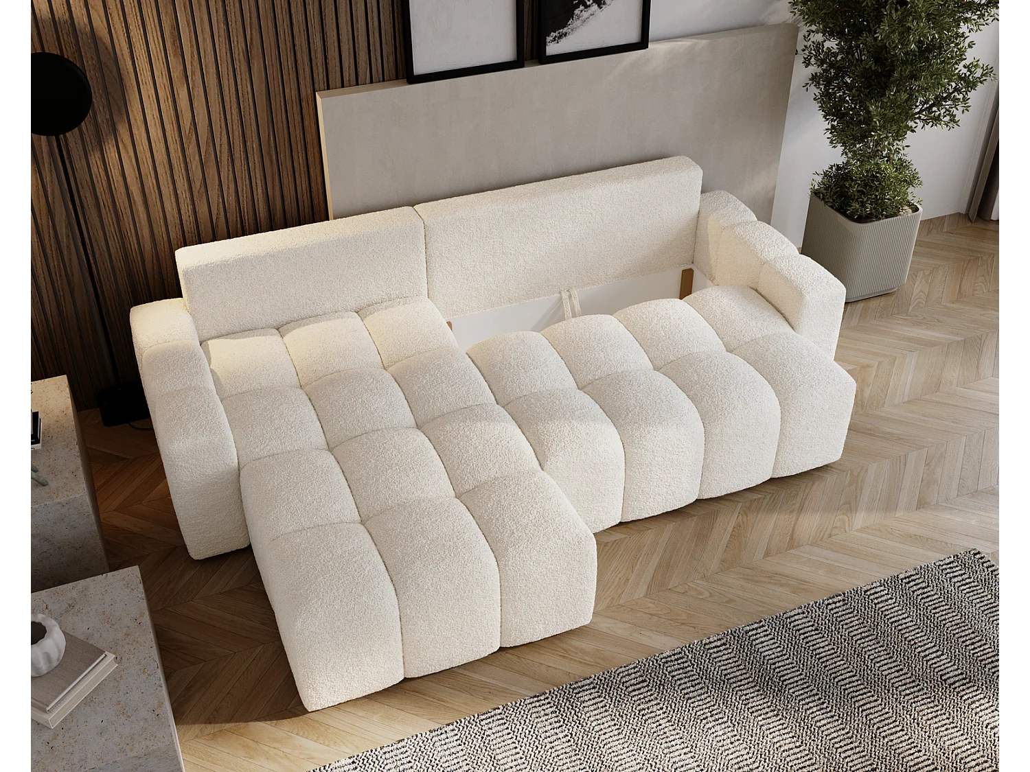 Emporius Wilson Hoekbank met slaapfunctie - slaapbank met bedlade, links, bouclé crème (Anthology 1)