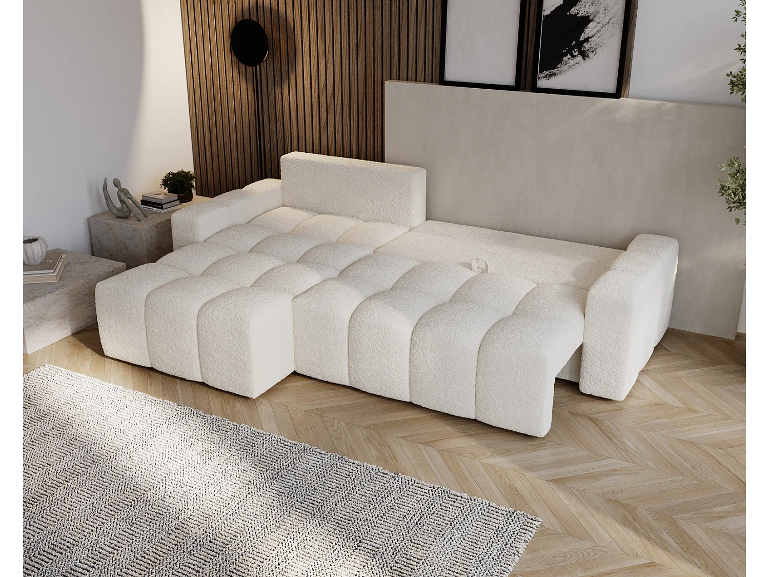 Emporius Wilson Hoekbank met slaapfunctie - slaapbank met bedlade, links, bouclé crème (Anthology 1)
