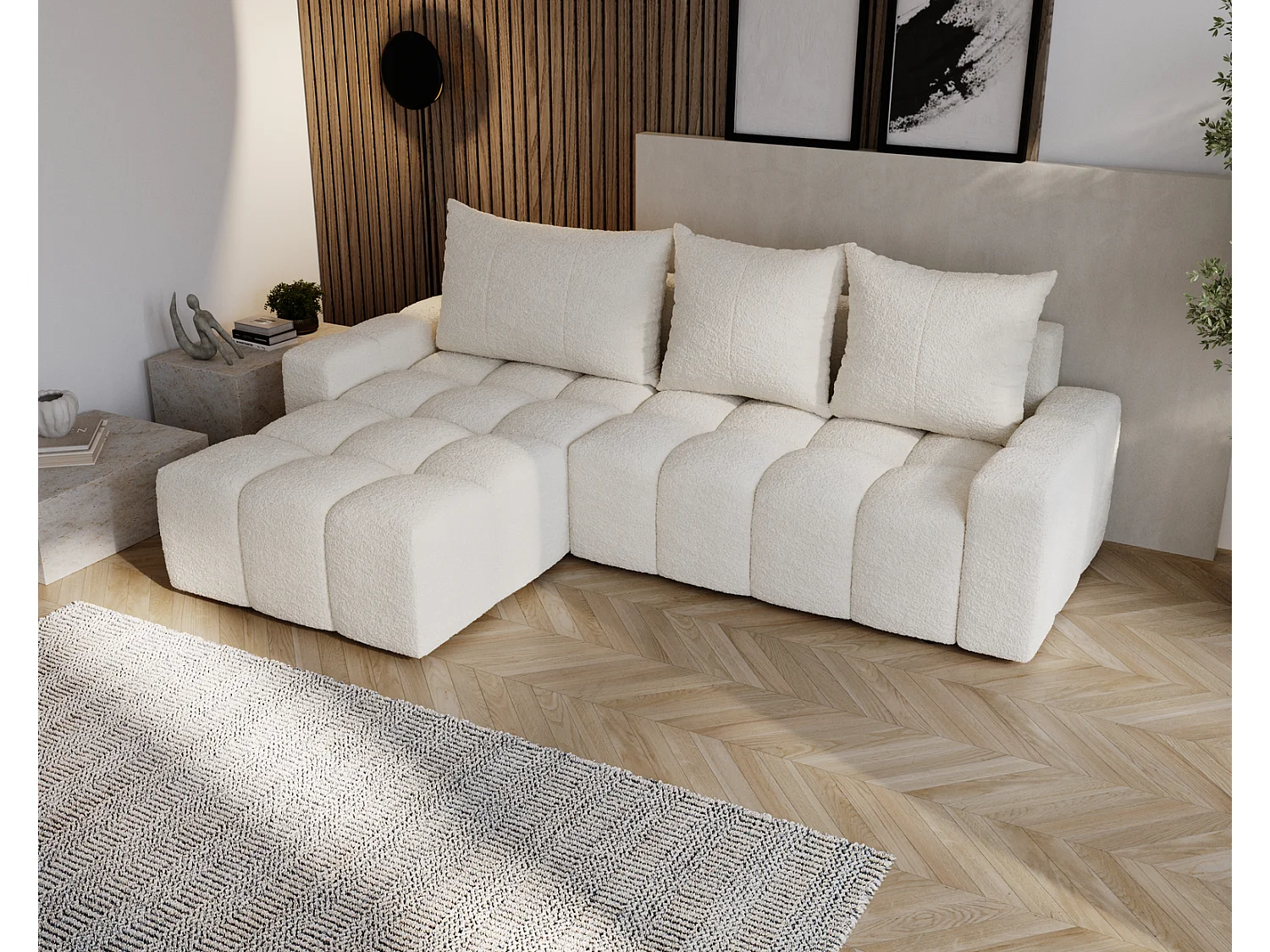Canapé d'angle convertible Wilson, 255 cm, tissu bouclé, gauche, crème