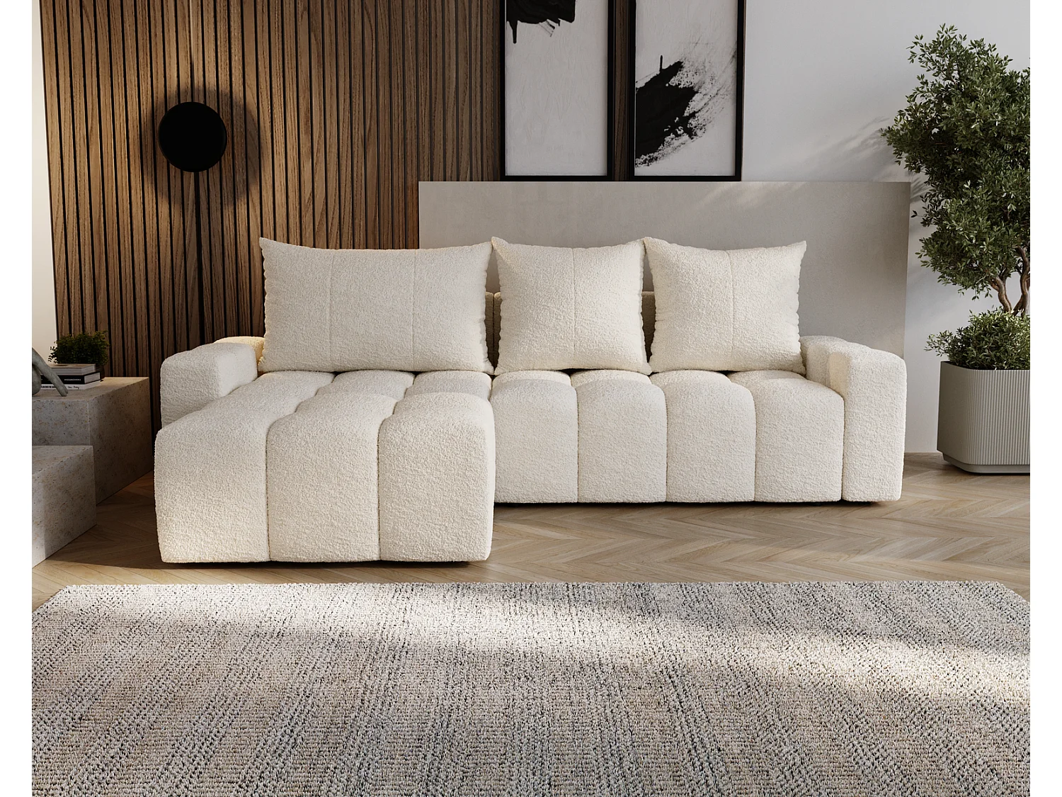 Canapé d'angle convertible Wilson, 255 cm, tissu bouclé, gauche, crème