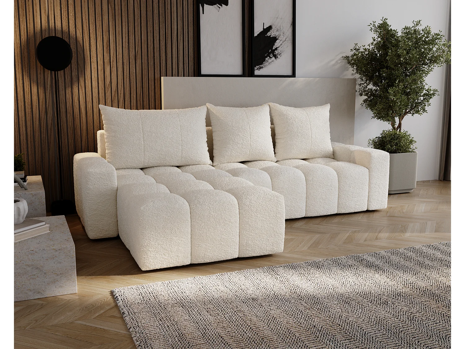 Canapé d'angle convertible Wilson, 255 cm, tissu bouclé, gauche, crème