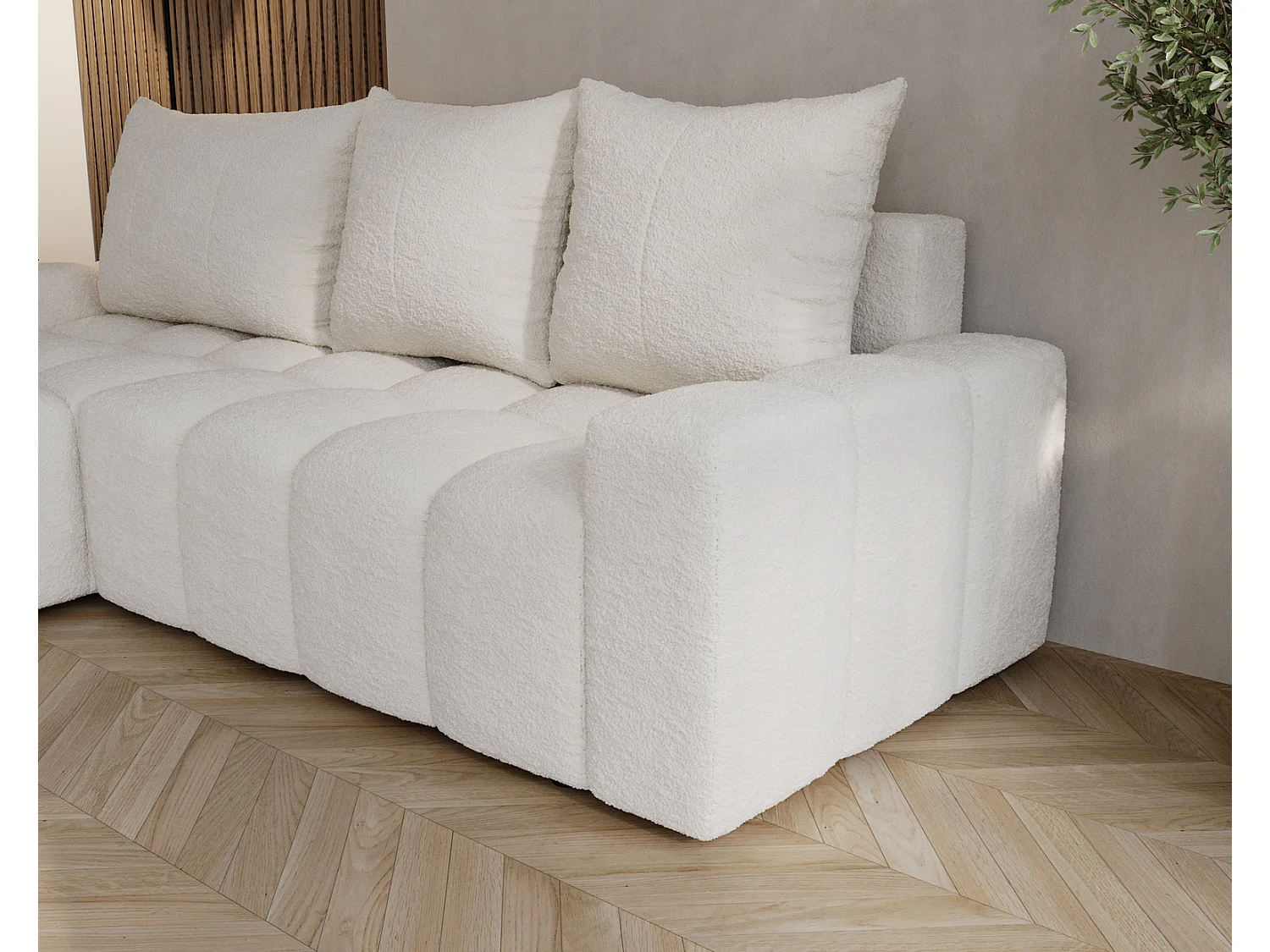 Canapé d'angle convertible Wilson, 255 cm, tissu bouclé, gauche, crème