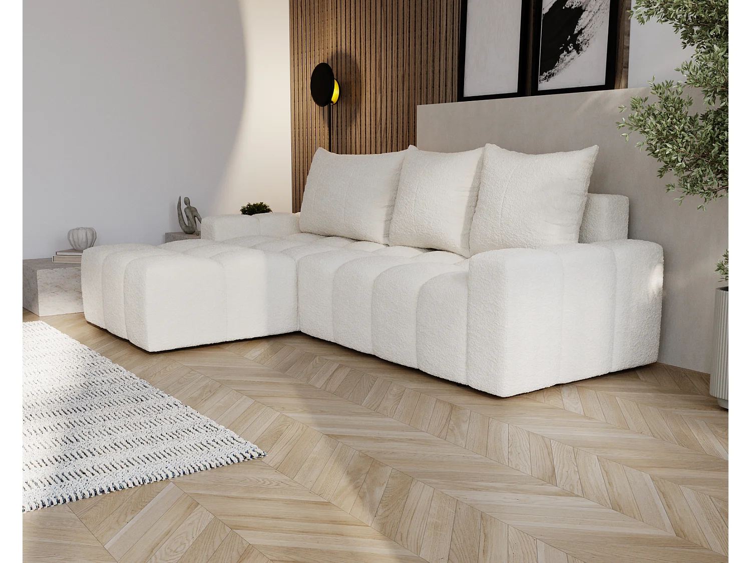 Canapé d'angle convertible Wilson, 255 cm, tissu bouclé, gauche, crème
