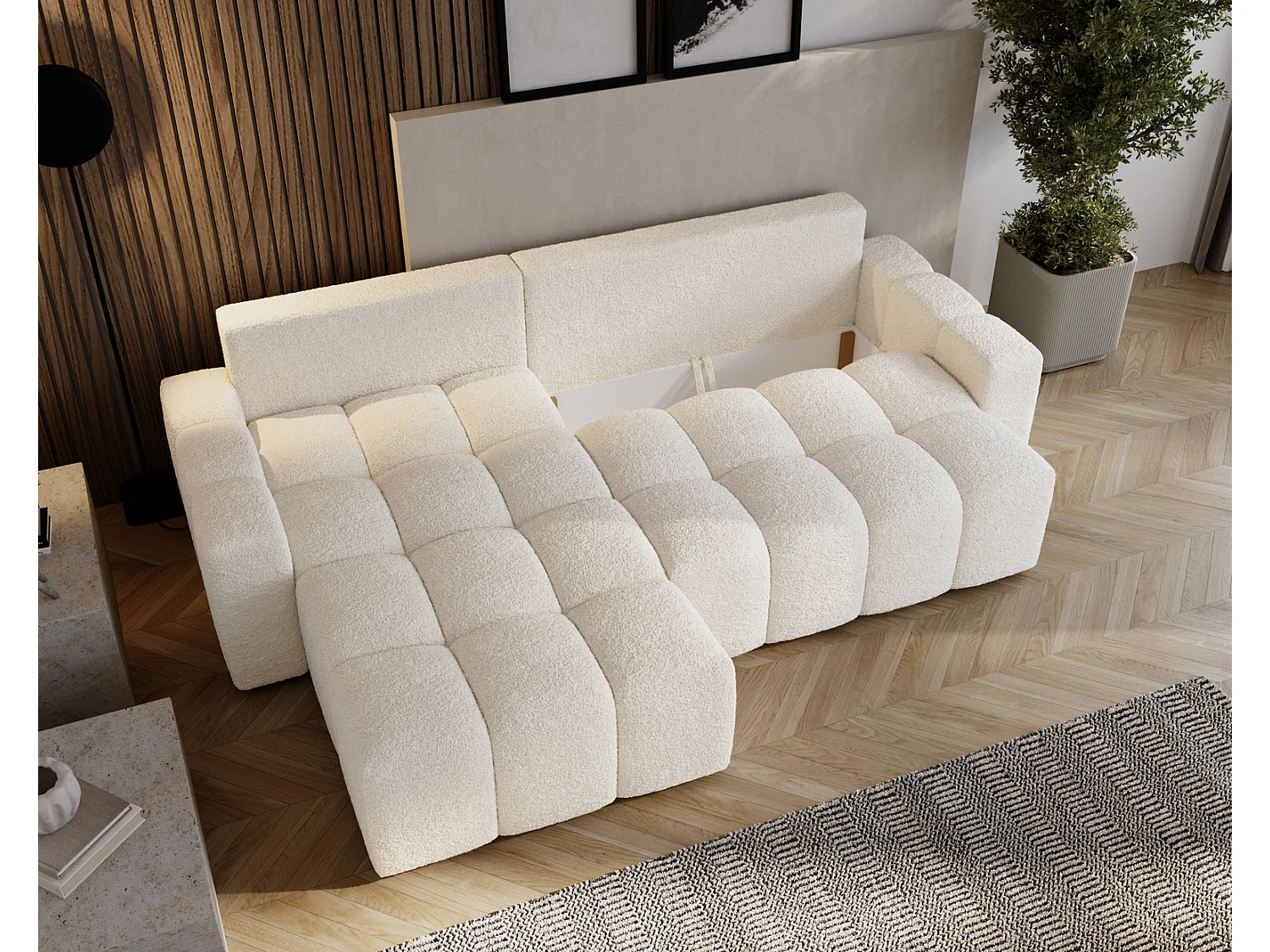 Canapé d'angle convertible Wilson, 255 cm, tissu bouclé, gauche, crème