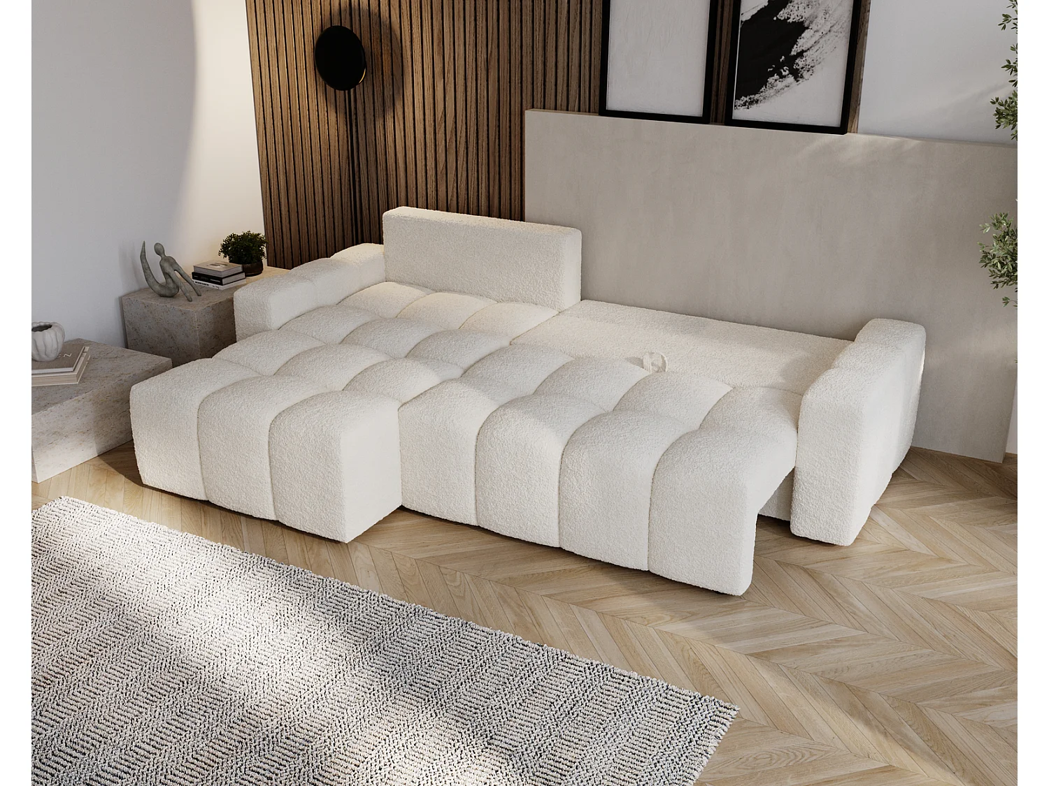 Canapé d'angle convertible Wilson, 255 cm, tissu bouclé, gauche, crème
