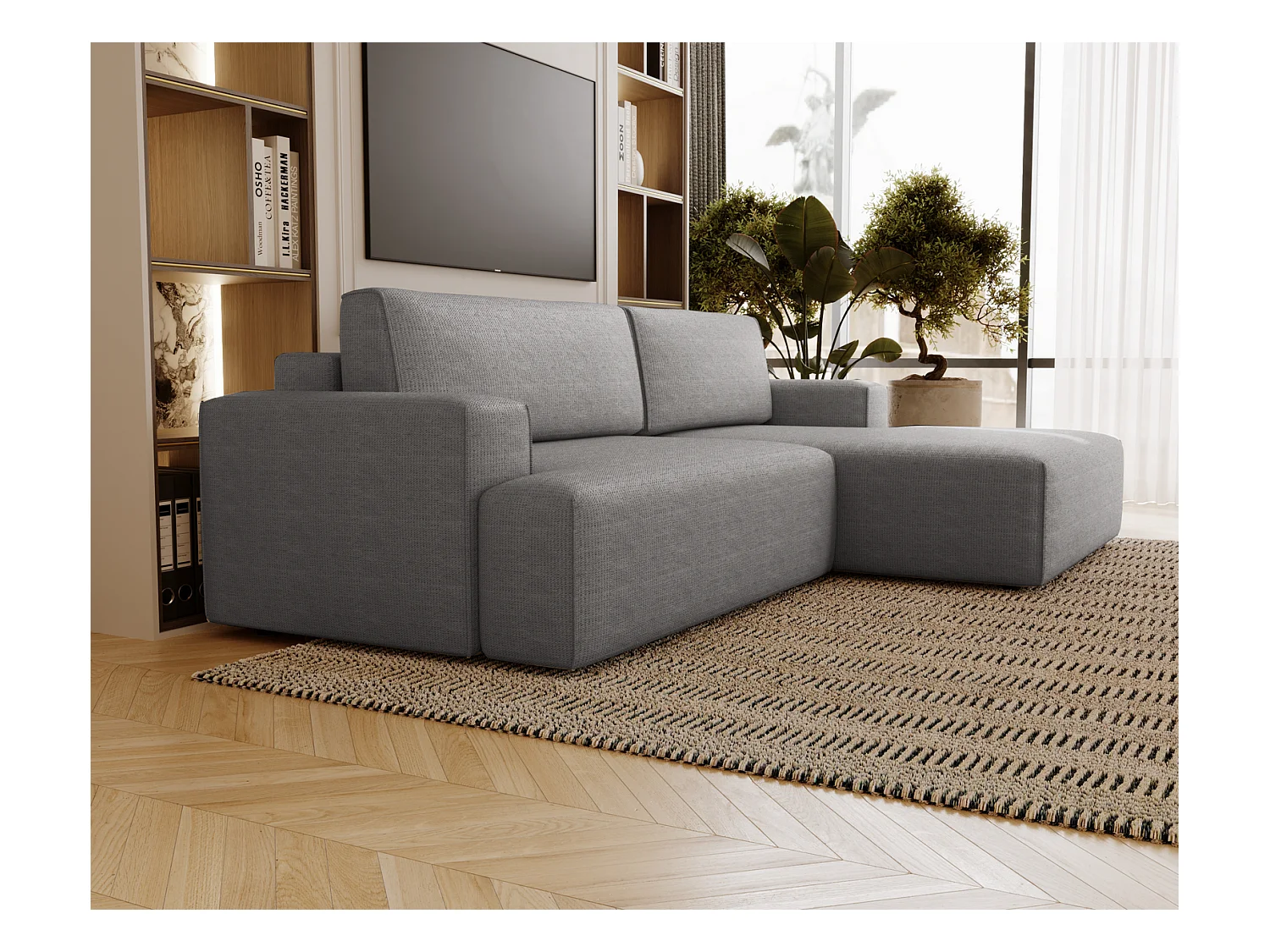 Emporius Boston Hoekbank L-Vorm - bank met slaapfunctie et bedlade - slaapbank 270 cm, rechts, grijs (Memphis 18)