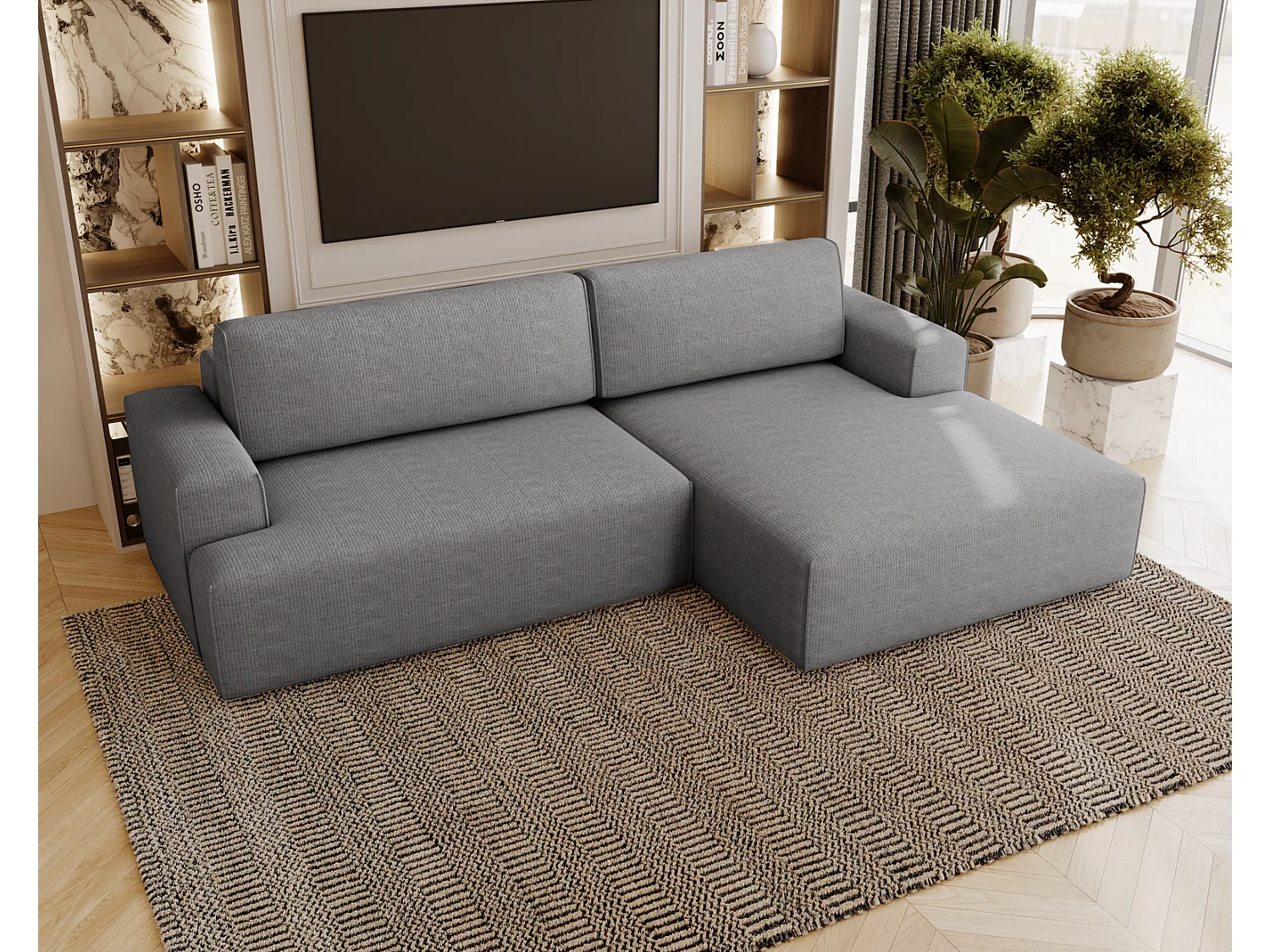 Canapé d'angle convertible Boston, canapé-lit 270 cm avec coffre de rangement, 4 places, droit, gris