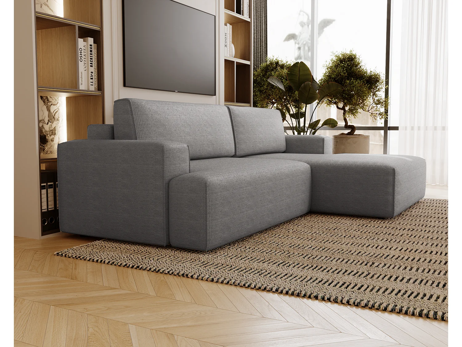 Canapé d'angle convertible Boston, canapé-lit 270 cm avec coffre de rangement, 4 places, droit, gris