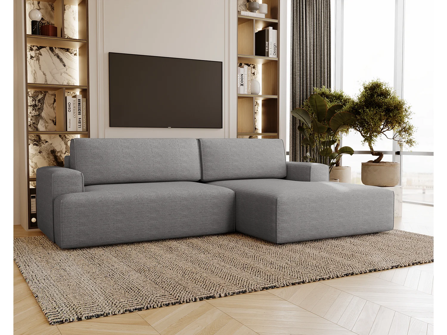 Canapé d'angle convertible Boston, canapé-lit 270 cm avec coffre de rangement, 4 places, droit, gris