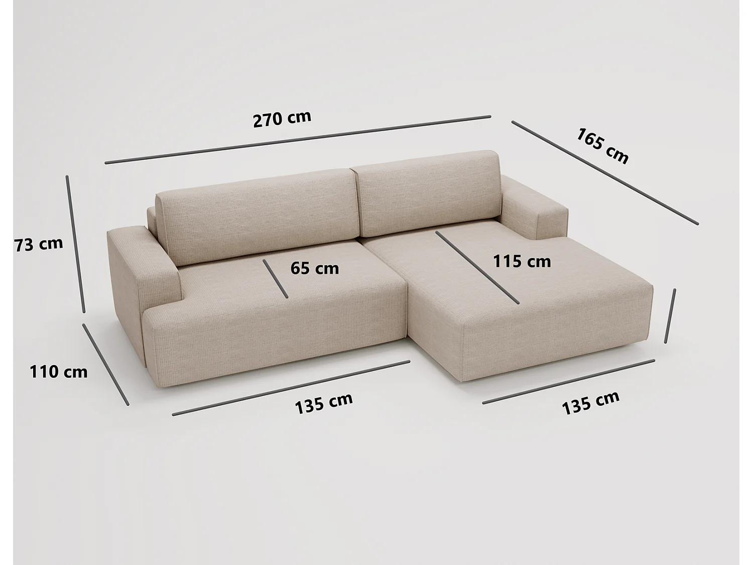 Canapé d'angle convertible Boston, canapé-lit 270 cm avec coffre de rangement, 4 places, droit, gris