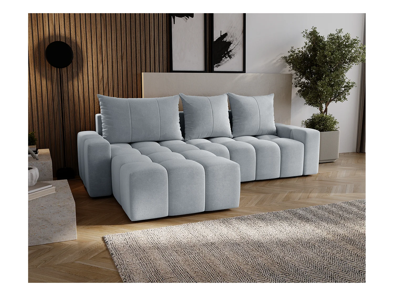 Emporius Wilson Canapé d'angle - Tissu Velours, Canapé 255 cm Convertible, Gauche - Gris clair (Amor Velvet 4318)