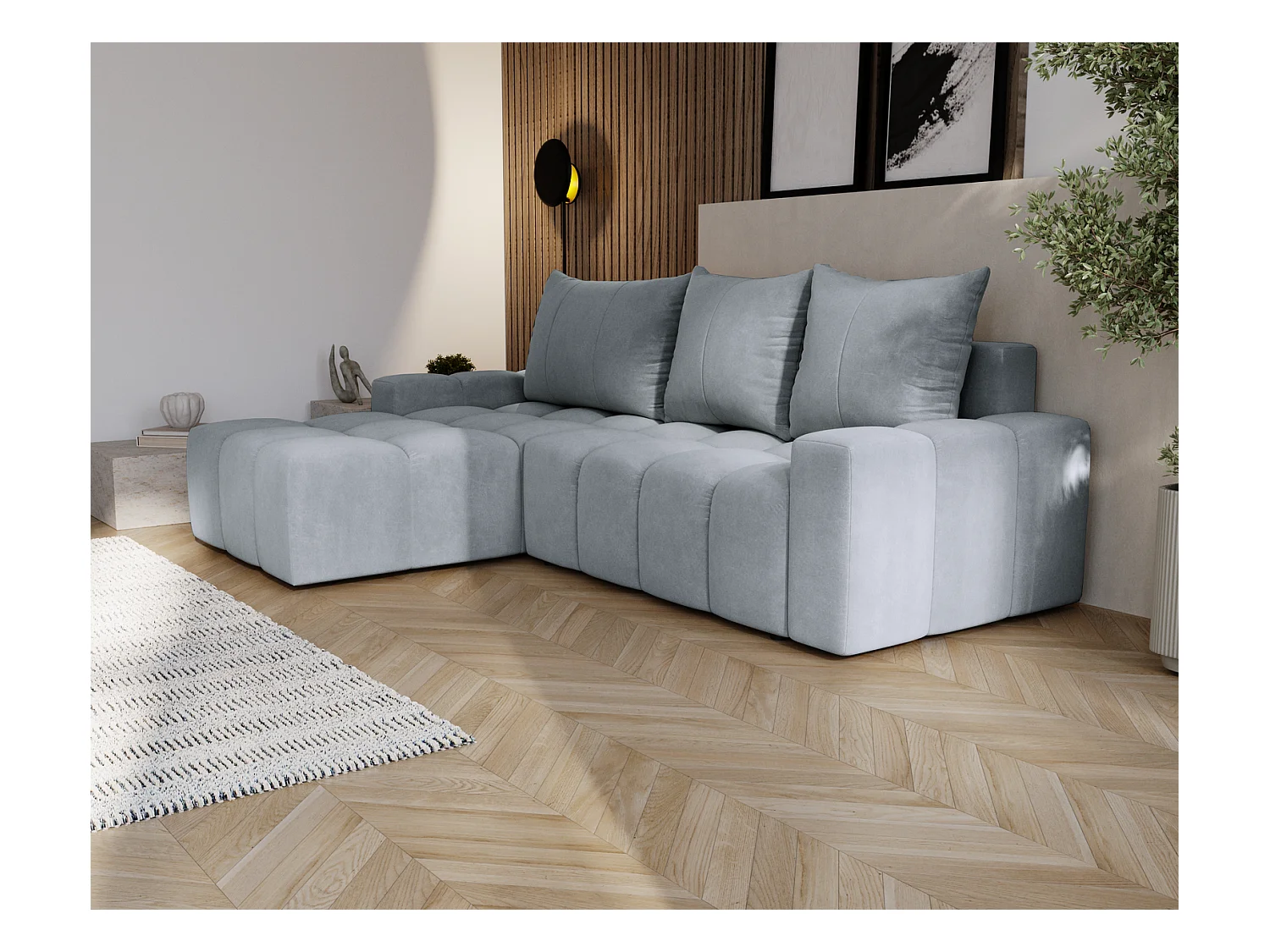 Emporius Wilson Canapé d'angle - Tissu Velours, Canapé 255 cm Convertible, Gauche - Gris clair (Amor Velvet 4318)