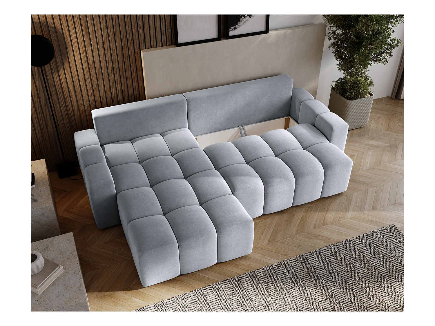 Emporius Wilson Canapé d'angle - Tissu Velours, Canapé 255 cm Convertible, Gauche - Gris clair (Amor Velvet 4318)