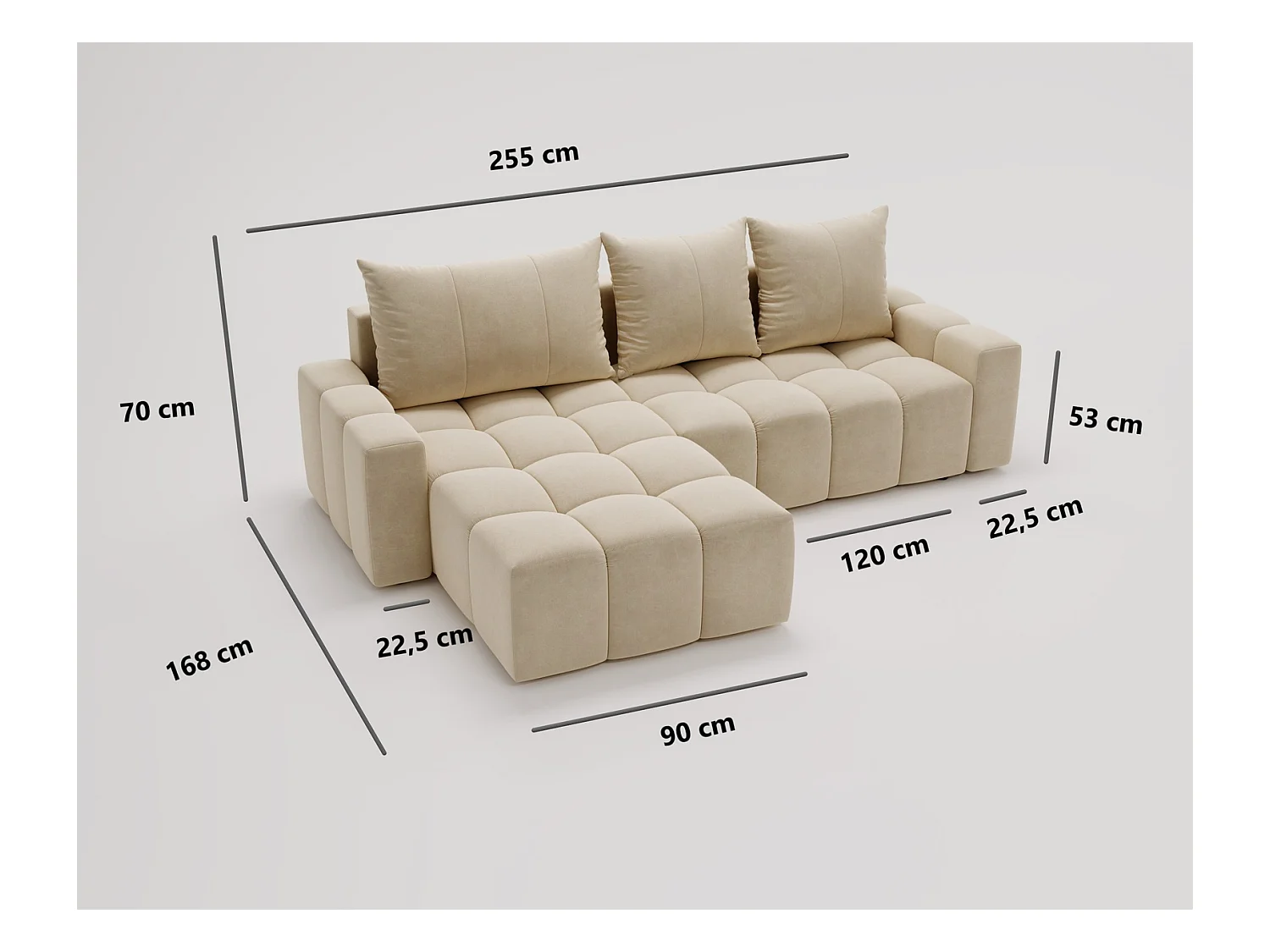 Emporius Wilson Canapé d'angle - Tissu Velours, Canapé 255 cm Convertible, Gauche - Gris clair (Amor Velvet 4318)