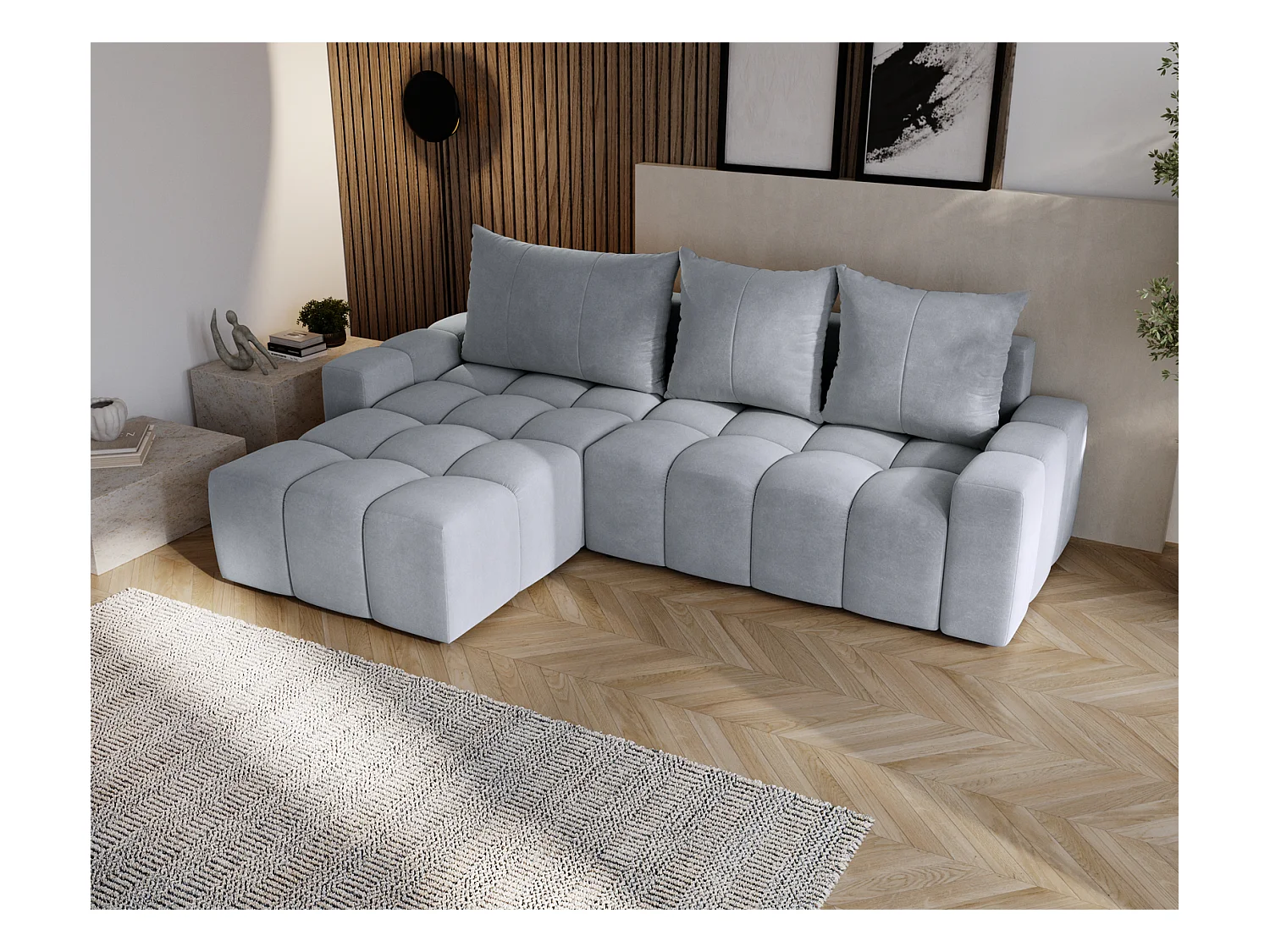 Emporius Wilson Canapé d'angle - Tissu Velours, Canapé 255 cm Convertible, Gauche - Gris clair (Amor Velvet 4318)