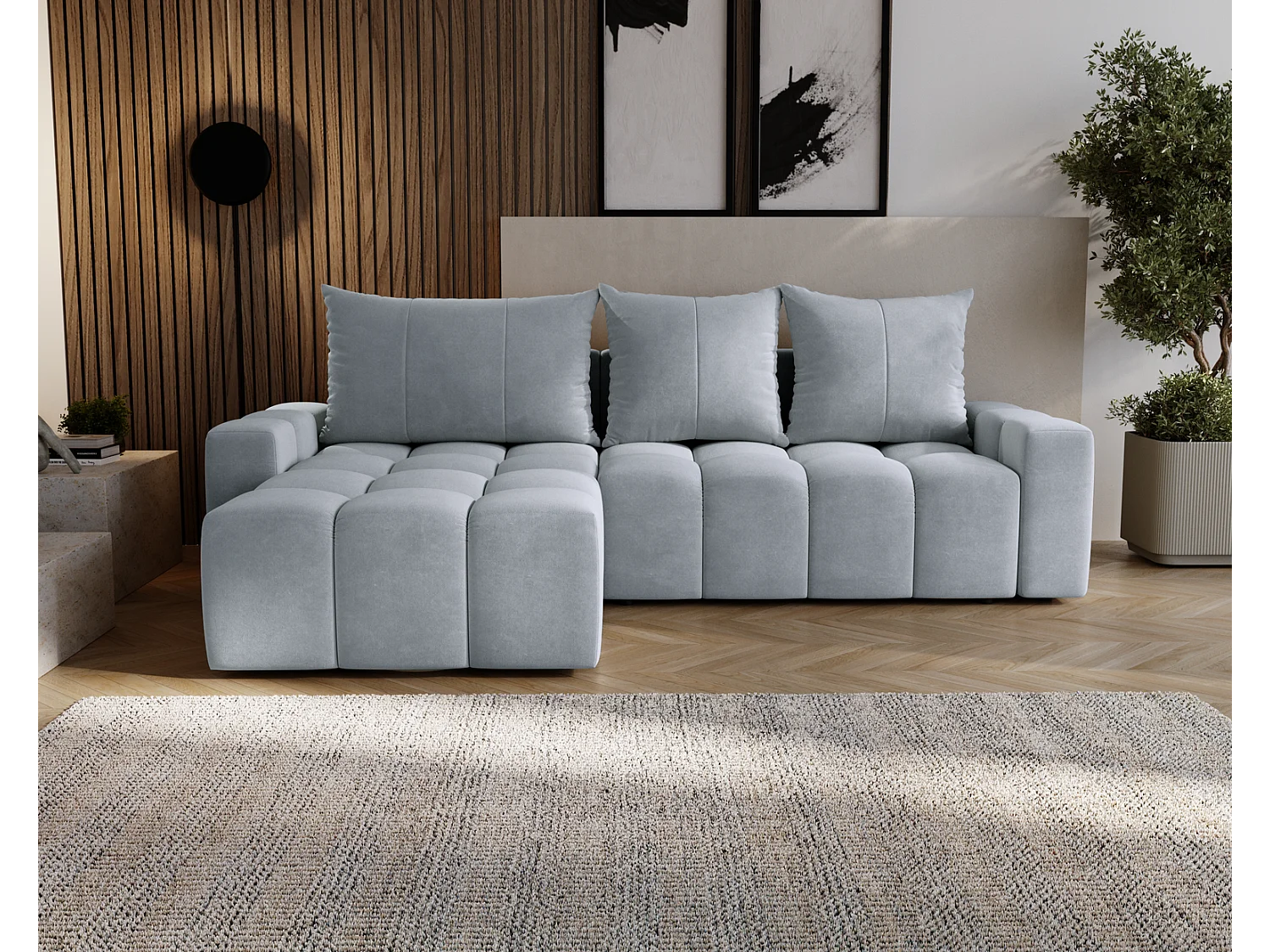 Emporius Wilson Canapé d'angle - Tissu Velours, Canapé 255 cm Convertible, Gauche - Gris clair (Amor Velvet 4318)