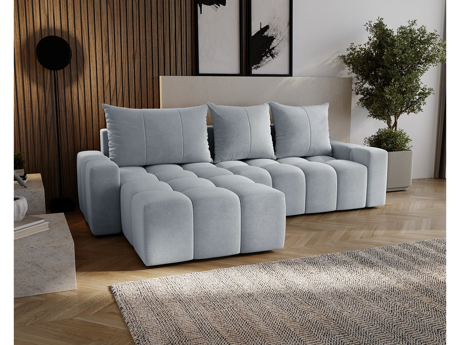 Emporius Wilson Canapé d'angle - Tissu Velours, Canapé 255 cm Convertible, Gauche - Gris clair (Amor Velvet 4318)