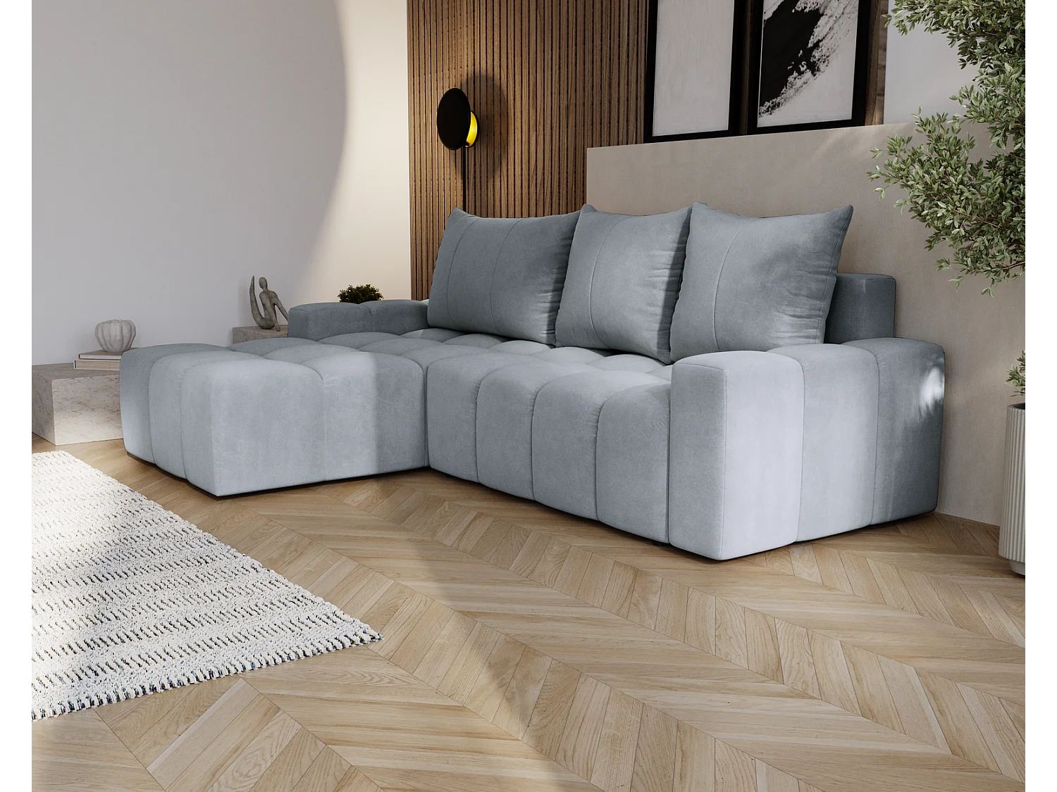 Emporius Wilson Canapé d'angle - Tissu Velours, Canapé 255 cm Convertible, Gauche - Gris clair (Amor Velvet 4318)