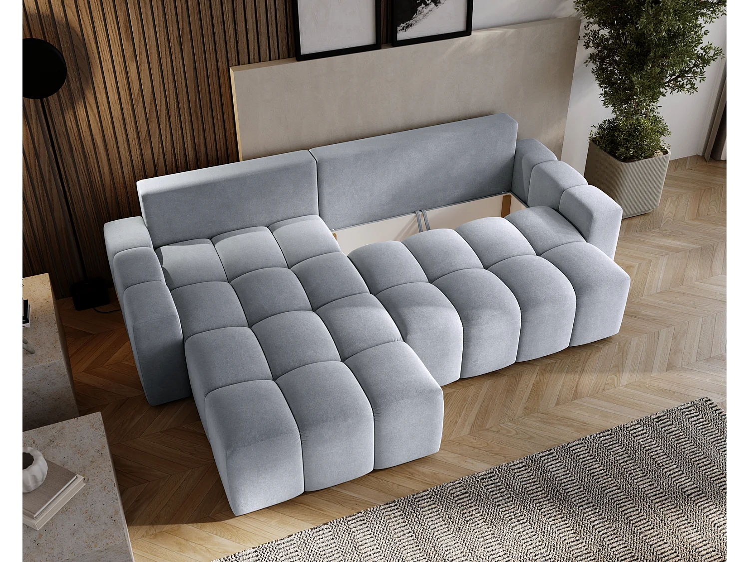 Emporius Wilson Canapé d'angle - Tissu Velours, Canapé 255 cm Convertible, Gauche - Gris clair (Amor Velvet 4318)