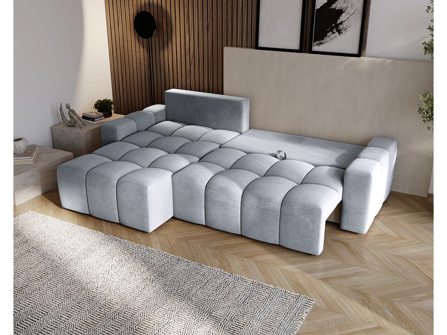 Emporius Wilson Canapé d'angle - Tissu Velours, Canapé 255 cm Convertible, Gauche - Gris clair (Amor Velvet 4318)