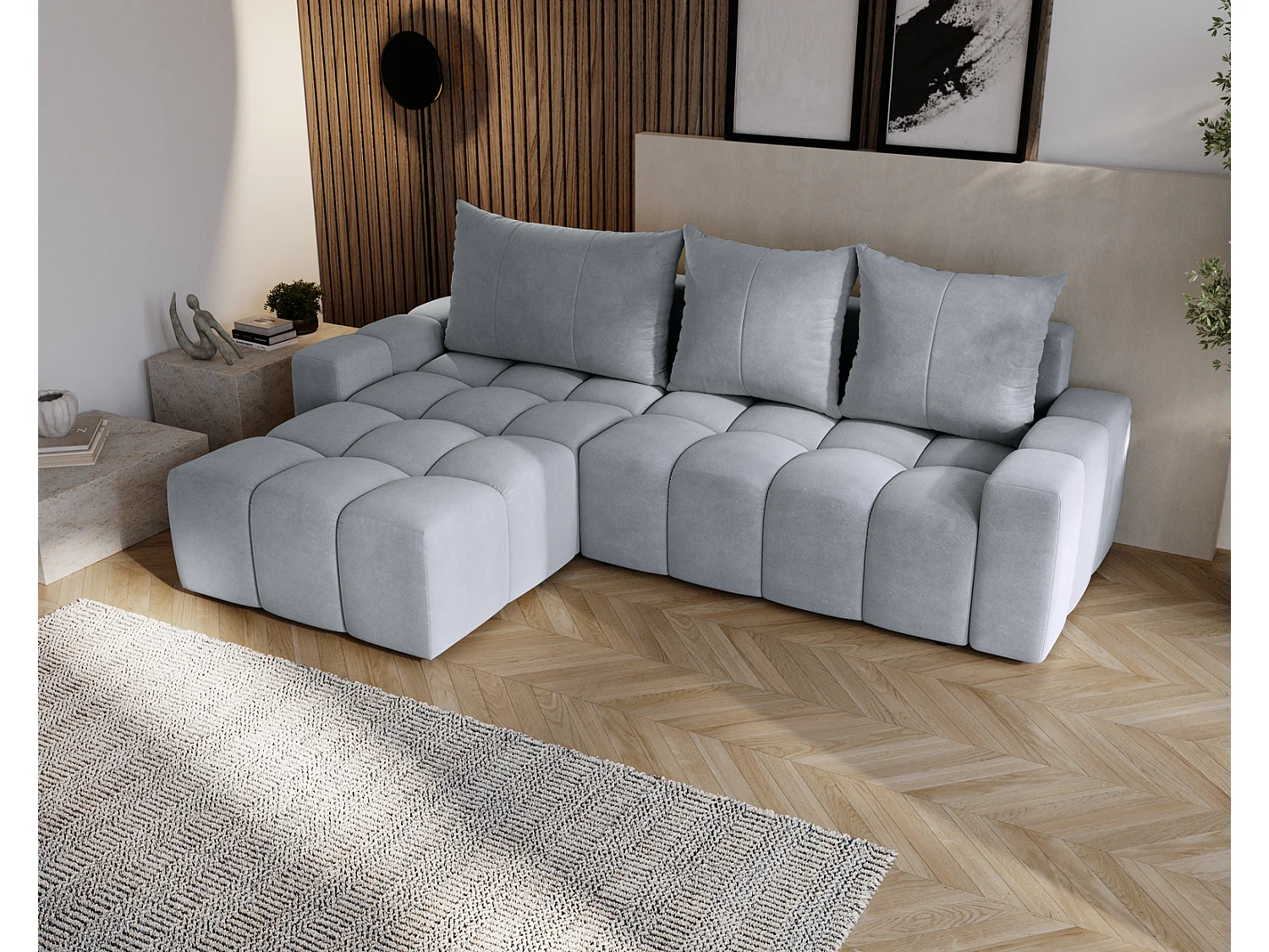 Canapé d'angle convertible Wilson, 255 cm, tissu velours, gauche, gris clair