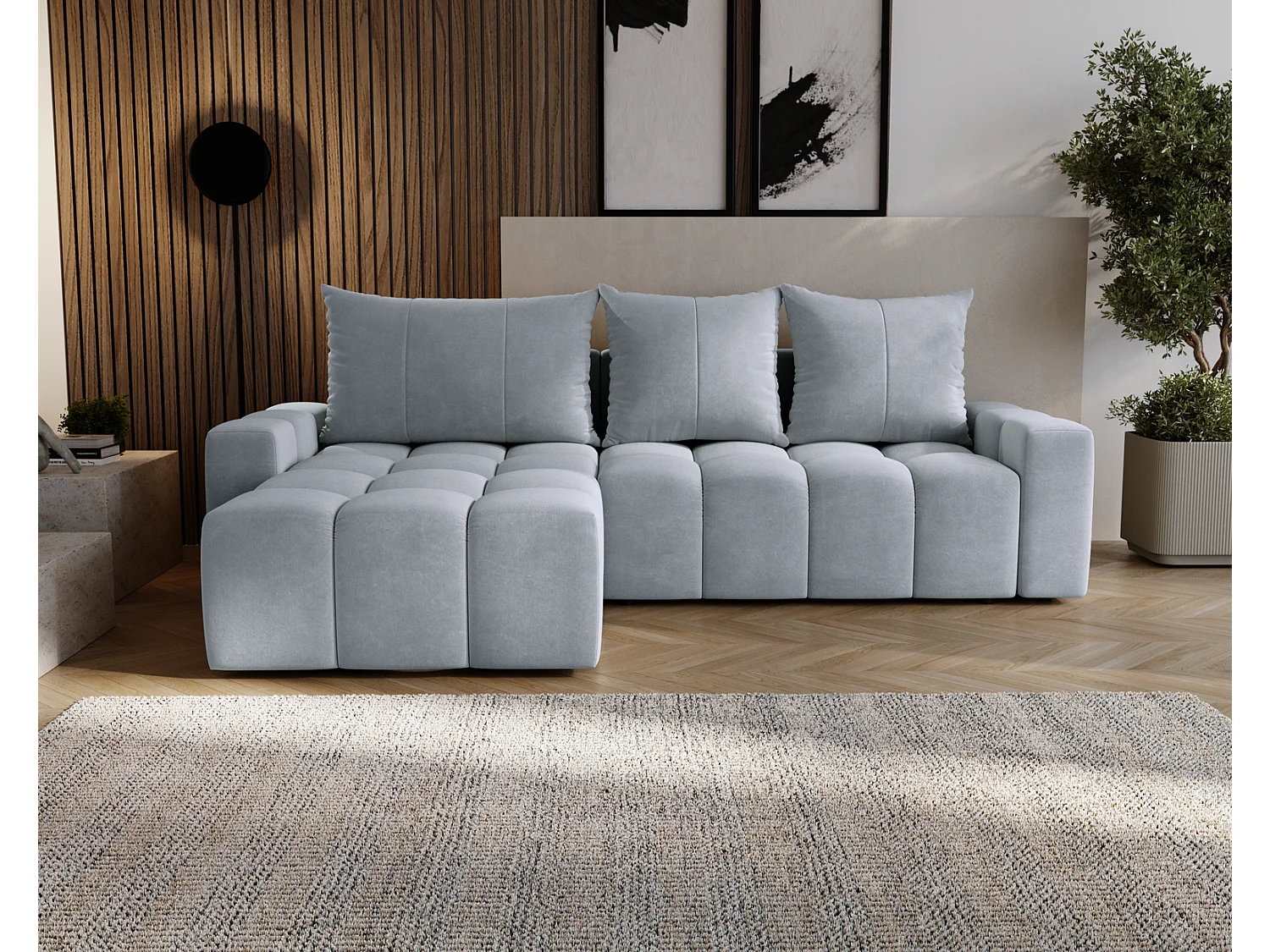 Canapé d'angle convertible Wilson, 255 cm, tissu velours, gauche, gris clair