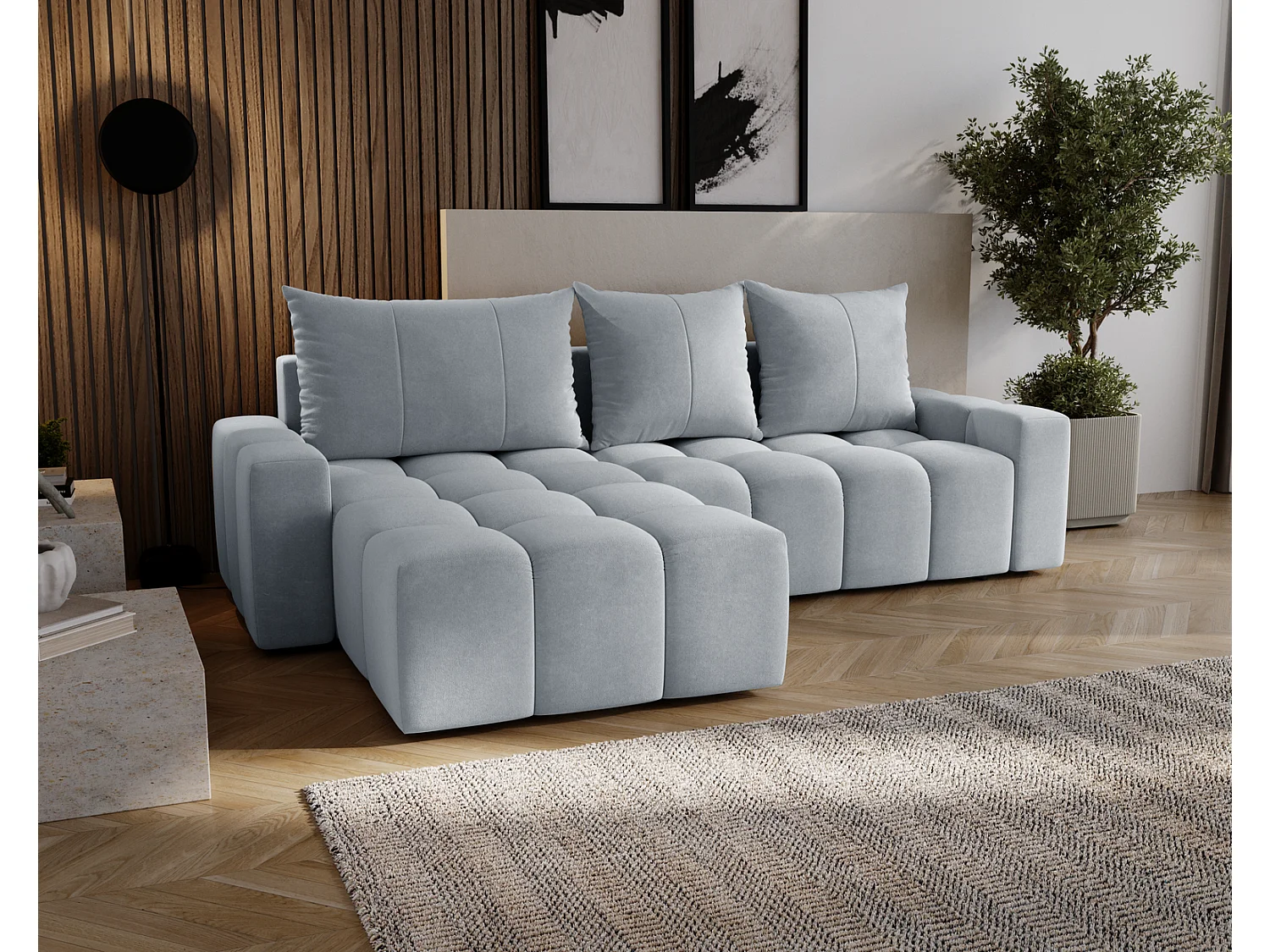 Canapé d'angle convertible Wilson, 255 cm, tissu velours, gauche, gris clair