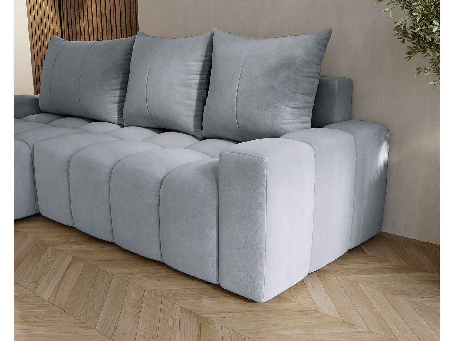 Canapé d'angle convertible Wilson, 255 cm, tissu velours, gauche, gris clair