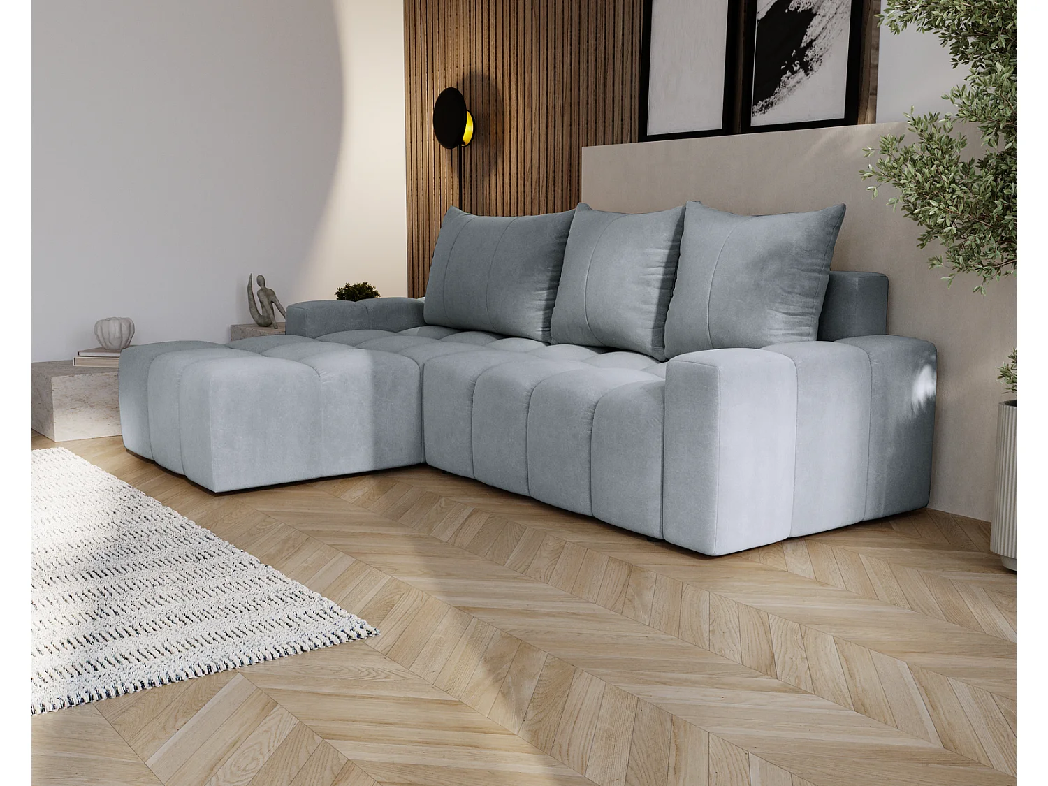 Canapé d'angle convertible Wilson, 255 cm, tissu velours, gauche, gris clair
