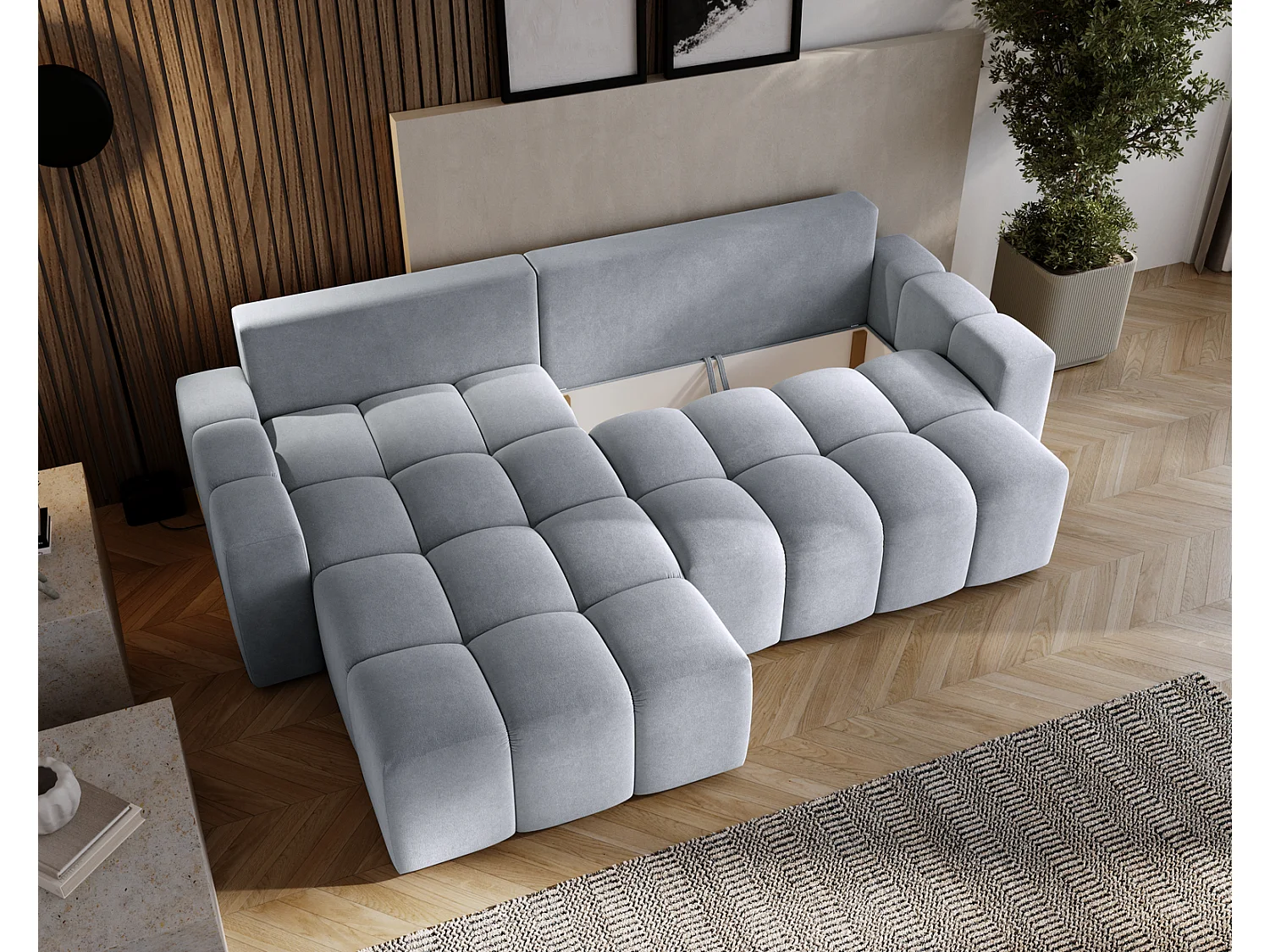 Canapé d'angle convertible Wilson, 255 cm, tissu velours, gauche, gris clair