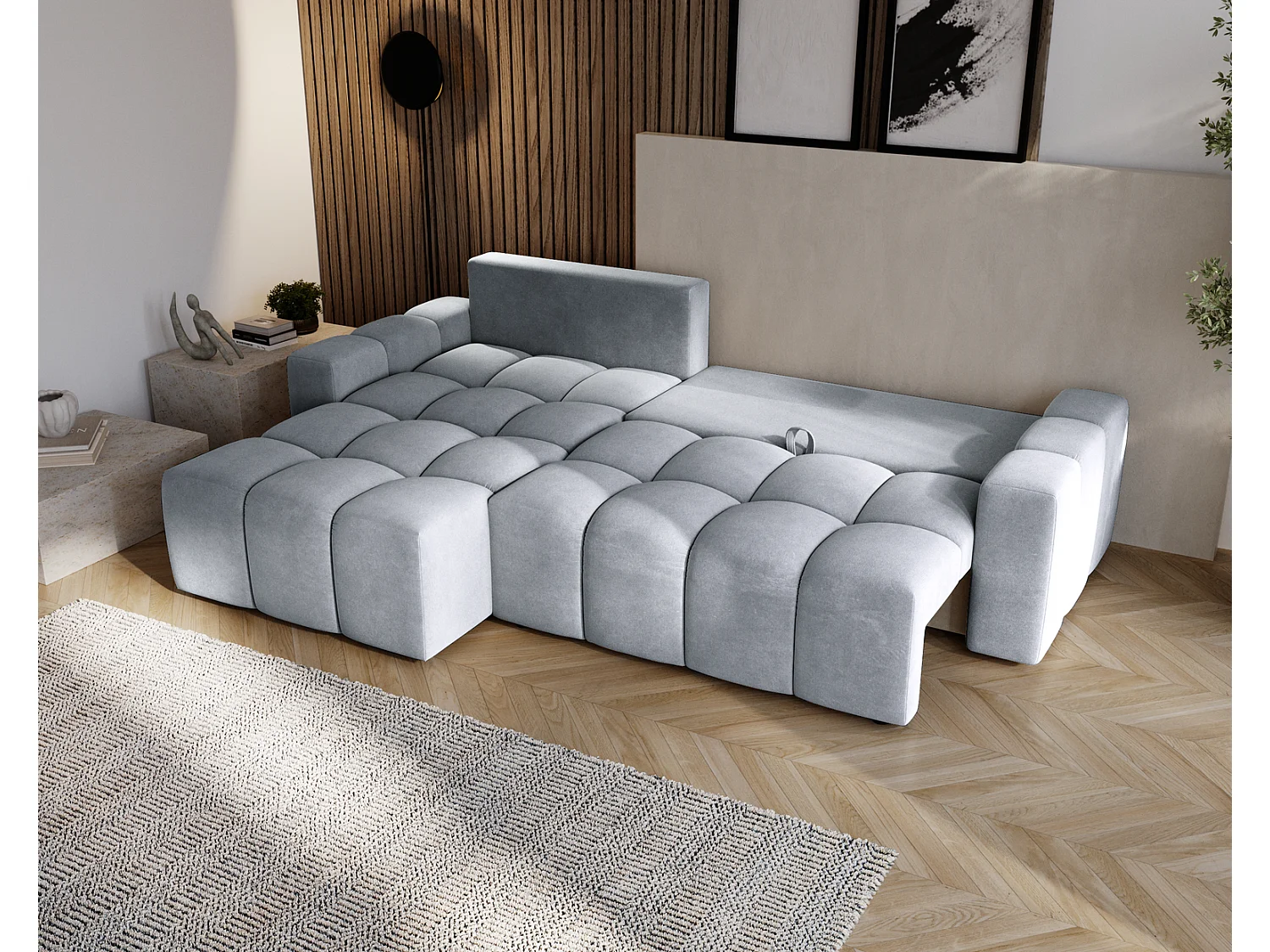 Canapé d'angle convertible Wilson, 255 cm, tissu velours, gauche, gris clair