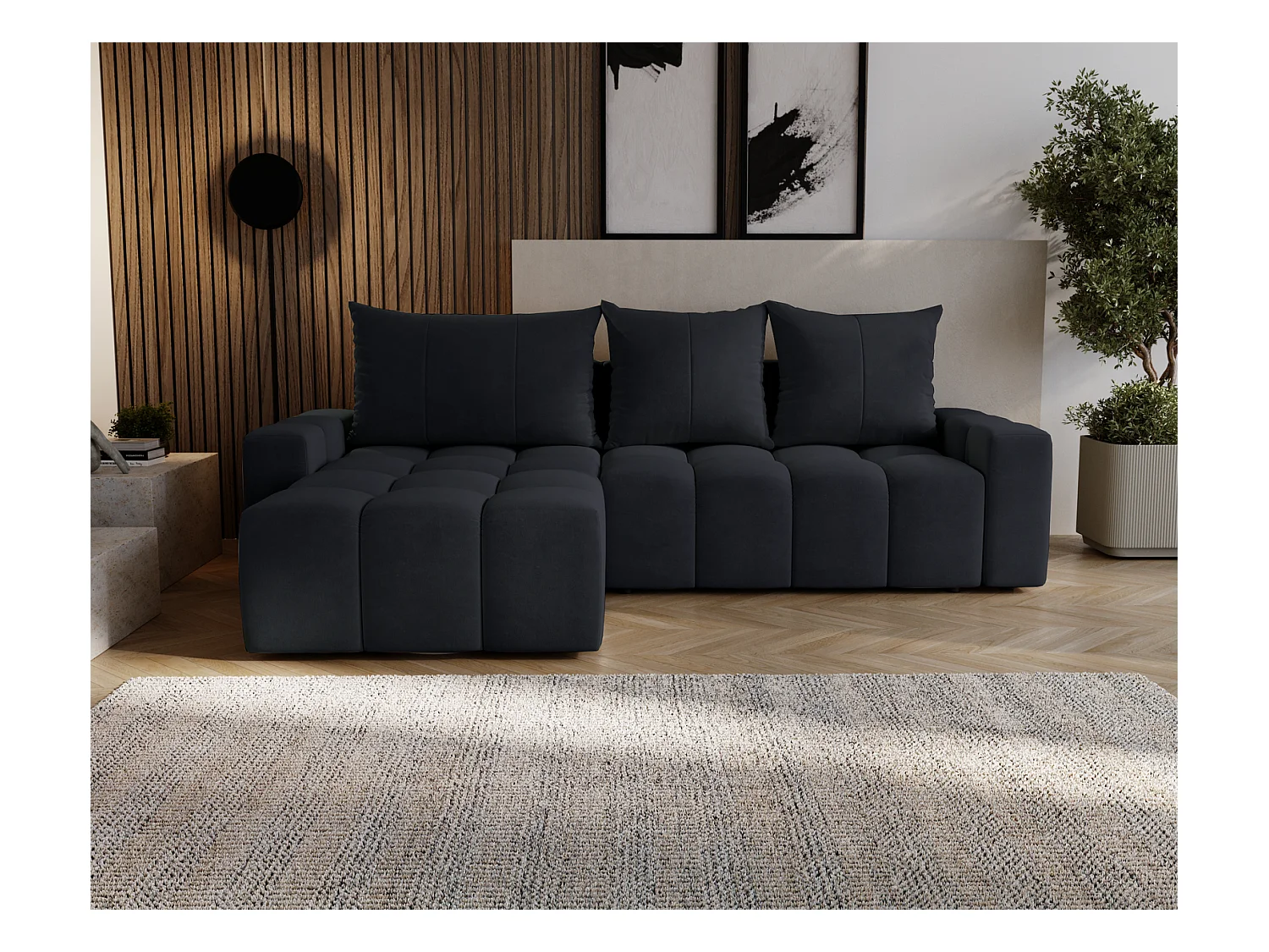 Emporius Wilson Canapé d'angle - Tissu Velours, Canapé 255 cm Convertible, Gauche - Noir (Amor Velvet 4322)