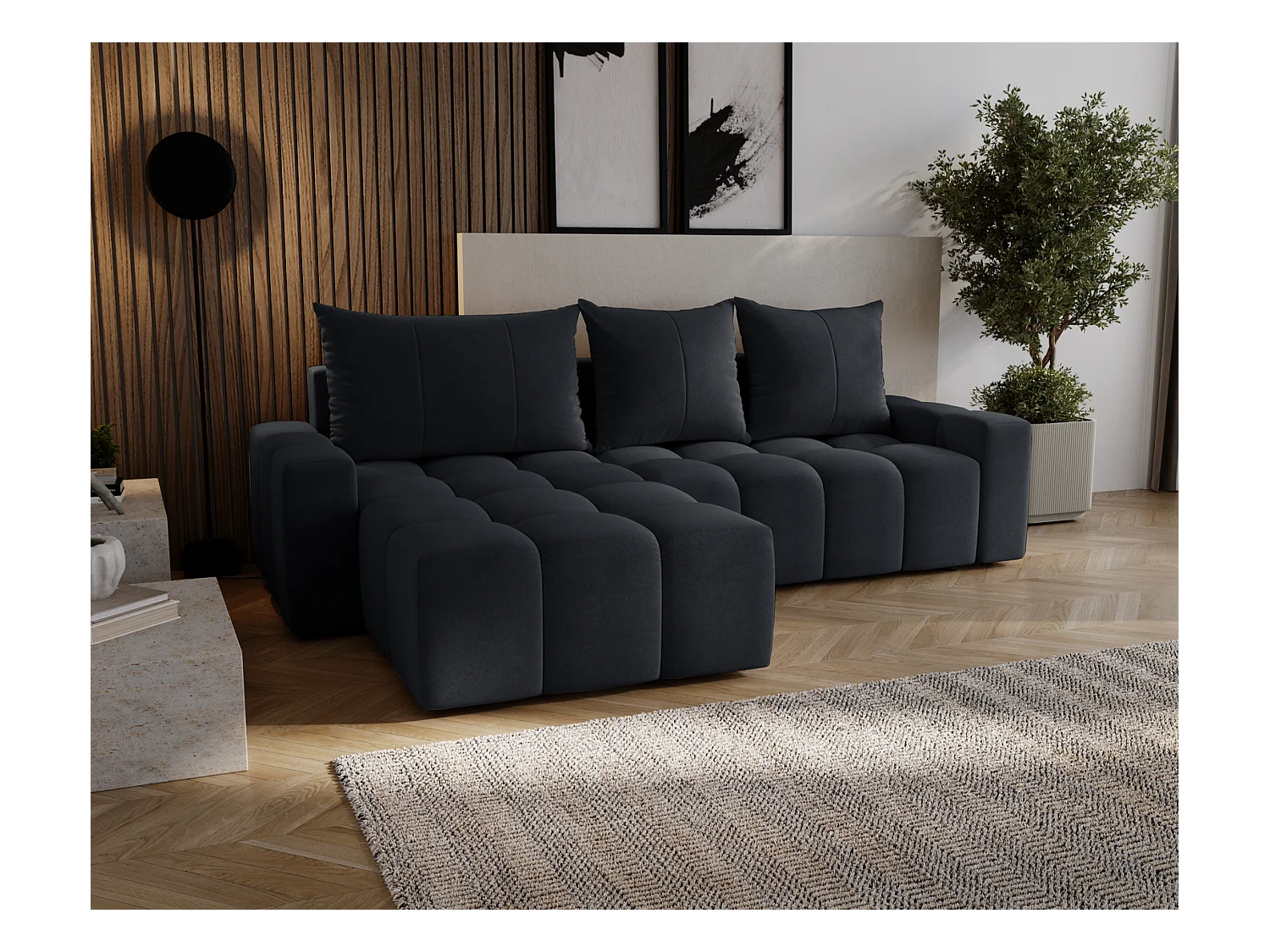 Emporius Wilson Canapé d'angle - Tissu Velours, Canapé 255 cm Convertible, Gauche - Noir (Amor Velvet 4322)