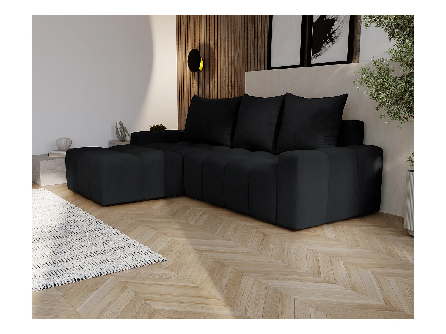 Emporius Wilson Canapé d'angle - Tissu Velours, Canapé 255 cm Convertible, Gauche - Noir (Amor Velvet 4322)