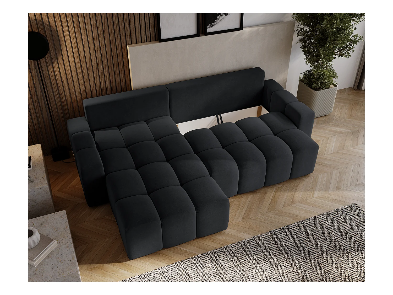 Emporius Wilson Canapé d'angle - Tissu Velours, Canapé 255 cm Convertible, Gauche - Noir (Amor Velvet 4322)