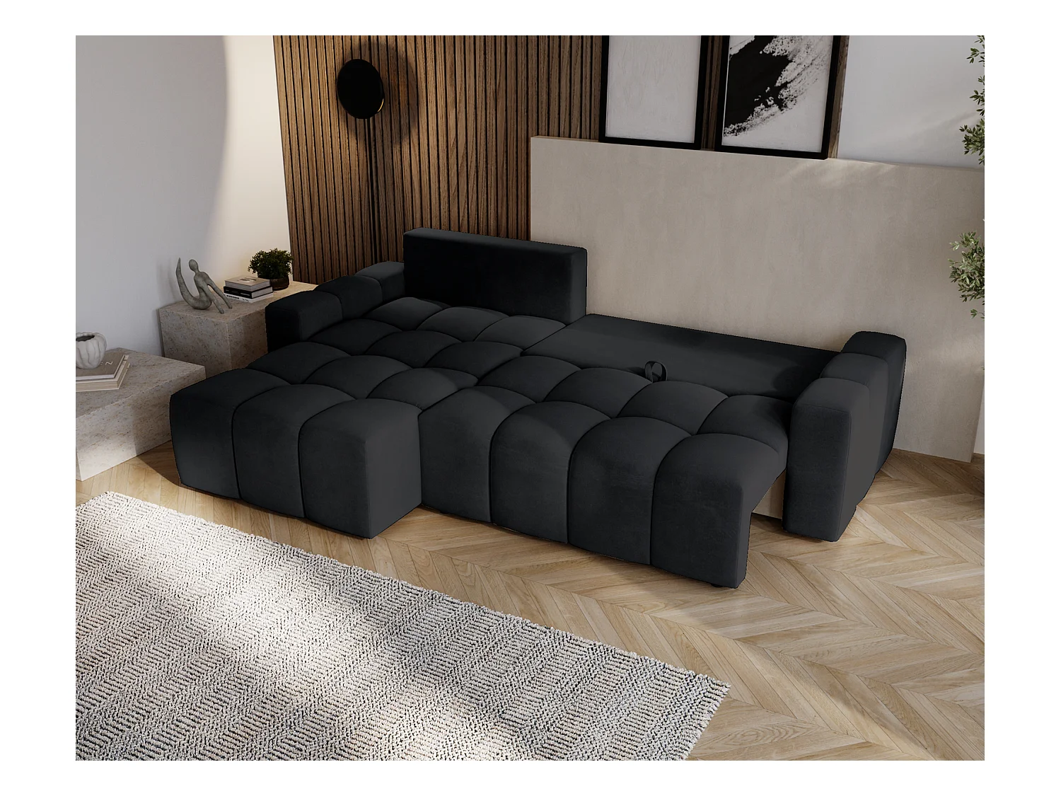 Emporius Wilson Canapé d'angle - Tissu Velours, Canapé 255 cm Convertible, Gauche - Noir (Amor Velvet 4322)