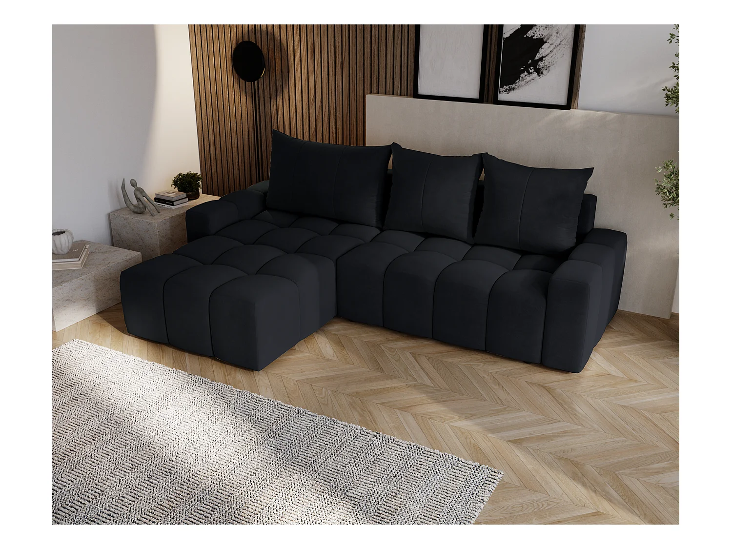 Emporius Wilson Canapé d'angle - Tissu Velours, Canapé 255 cm Convertible, Gauche - Noir (Amor Velvet 4322)