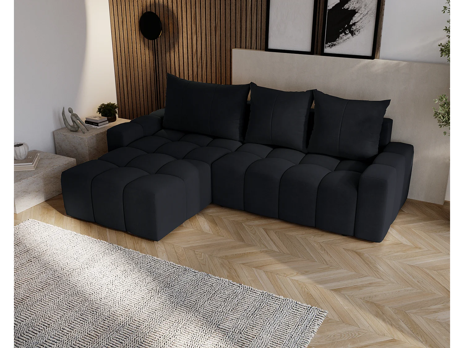 Emporius Wilson Canapé d'angle - Tissu Velours, Canapé 255 cm Convertible, Gauche - Noir (Amor Velvet 4322)