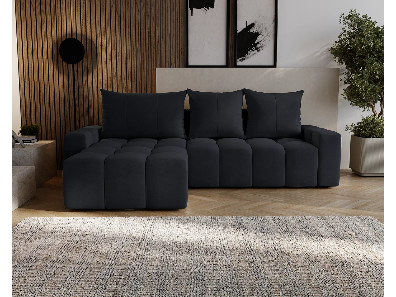 Emporius Wilson Canapé d'angle - Tissu Velours, Canapé 255 cm Convertible, Gauche - Noir (Amor Velvet 4322)