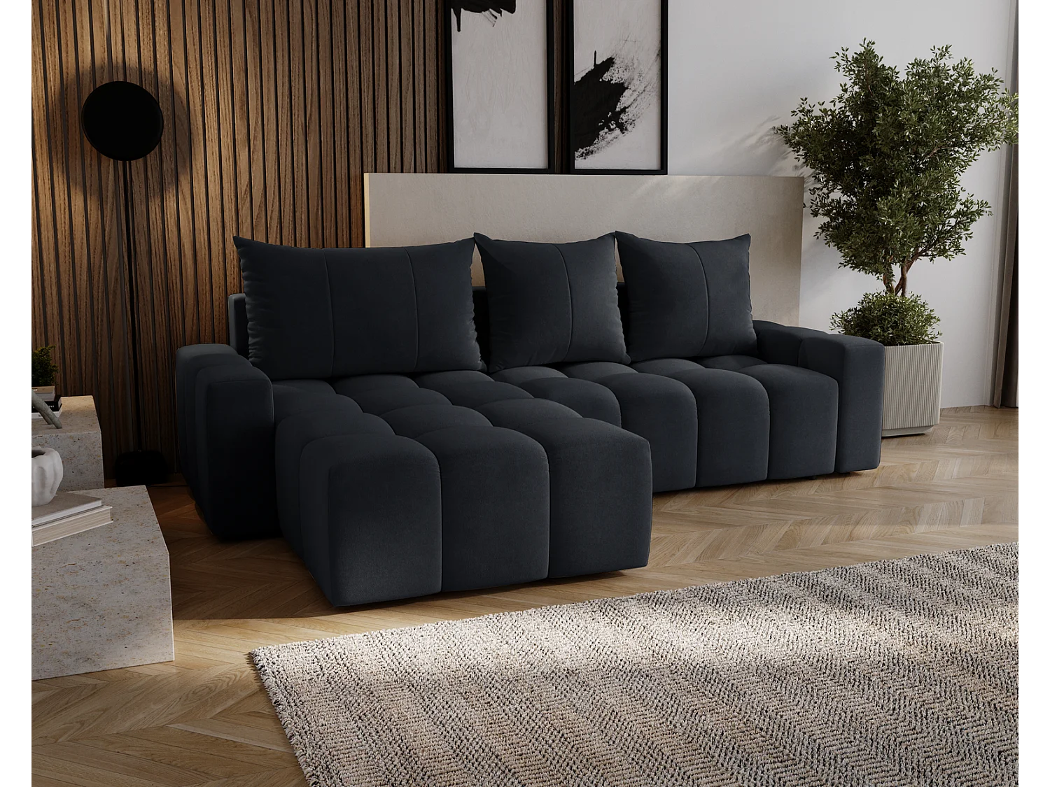 Emporius Wilson Canapé d'angle - Tissu Velours, Canapé 255 cm Convertible, Gauche - Noir (Amor Velvet 4322)