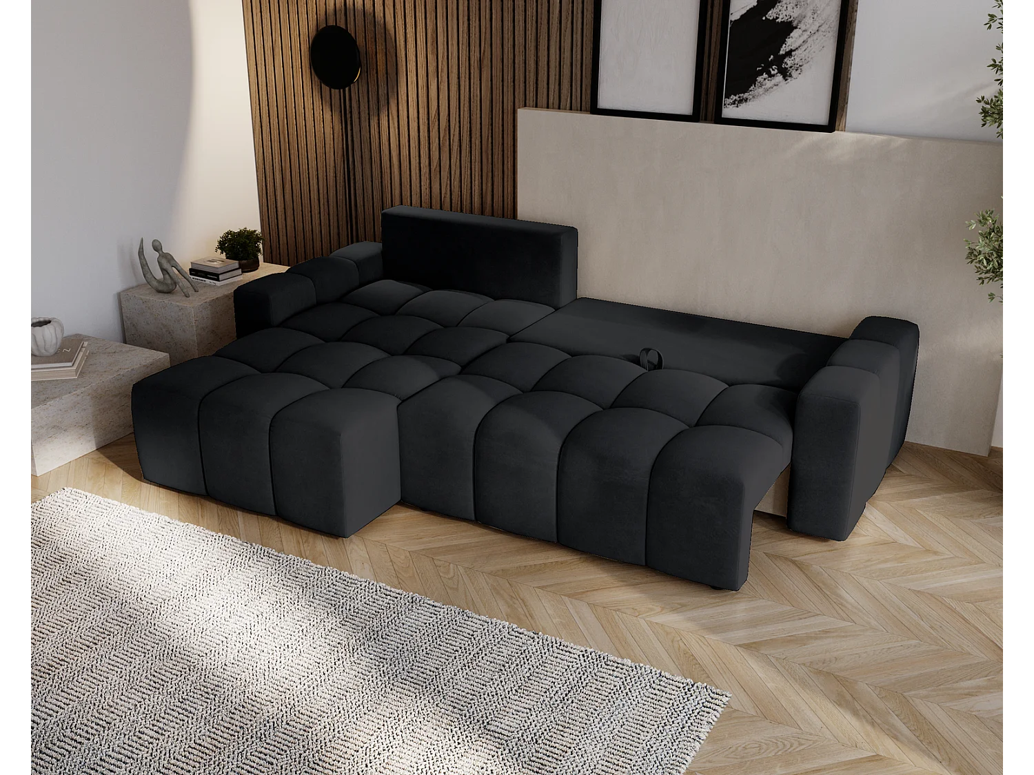 Emporius Wilson Canapé d'angle - Tissu Velours, Canapé 255 cm Convertible, Gauche - Noir (Amor Velvet 4322)