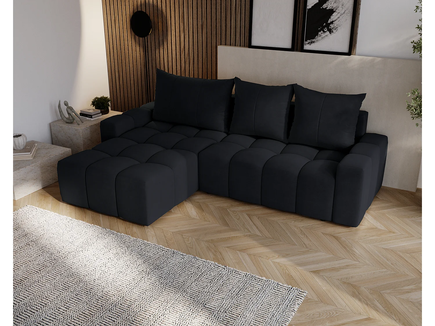 Canapé d'angle convertible Wilson, 255 cm, tissu velours, gauche, noir