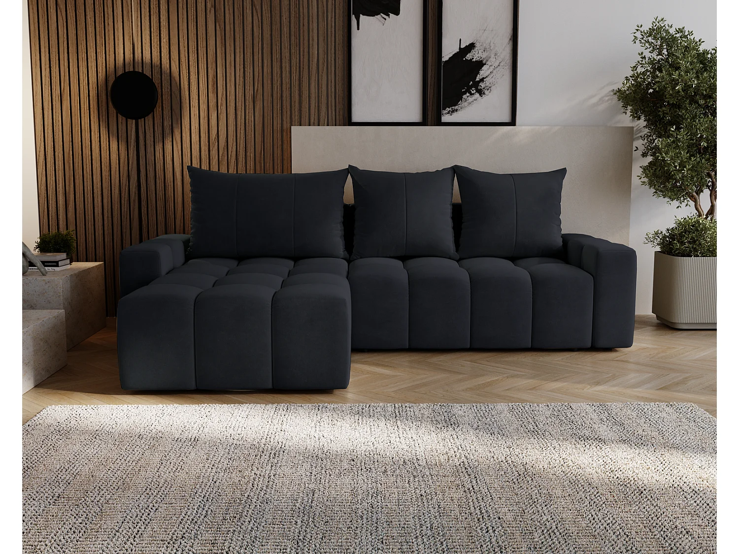 Canapé d'angle convertible Wilson, 255 cm, tissu velours, gauche, noir