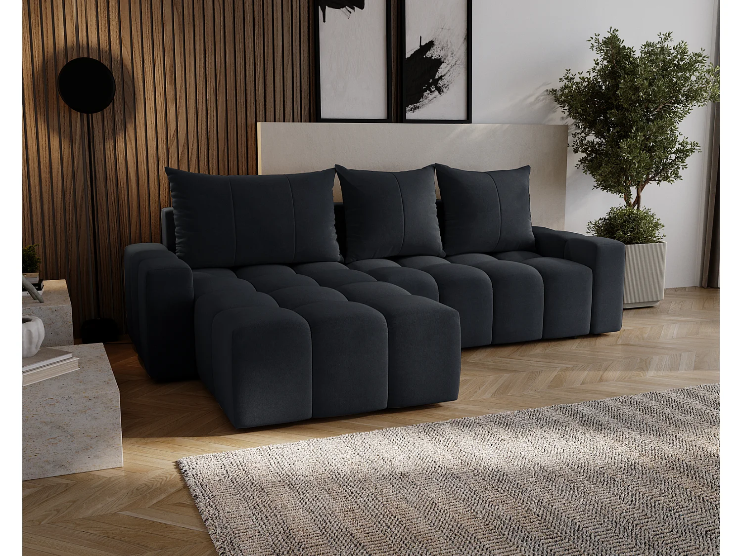 Canapé d'angle convertible Wilson, 255 cm, tissu velours, gauche, noir